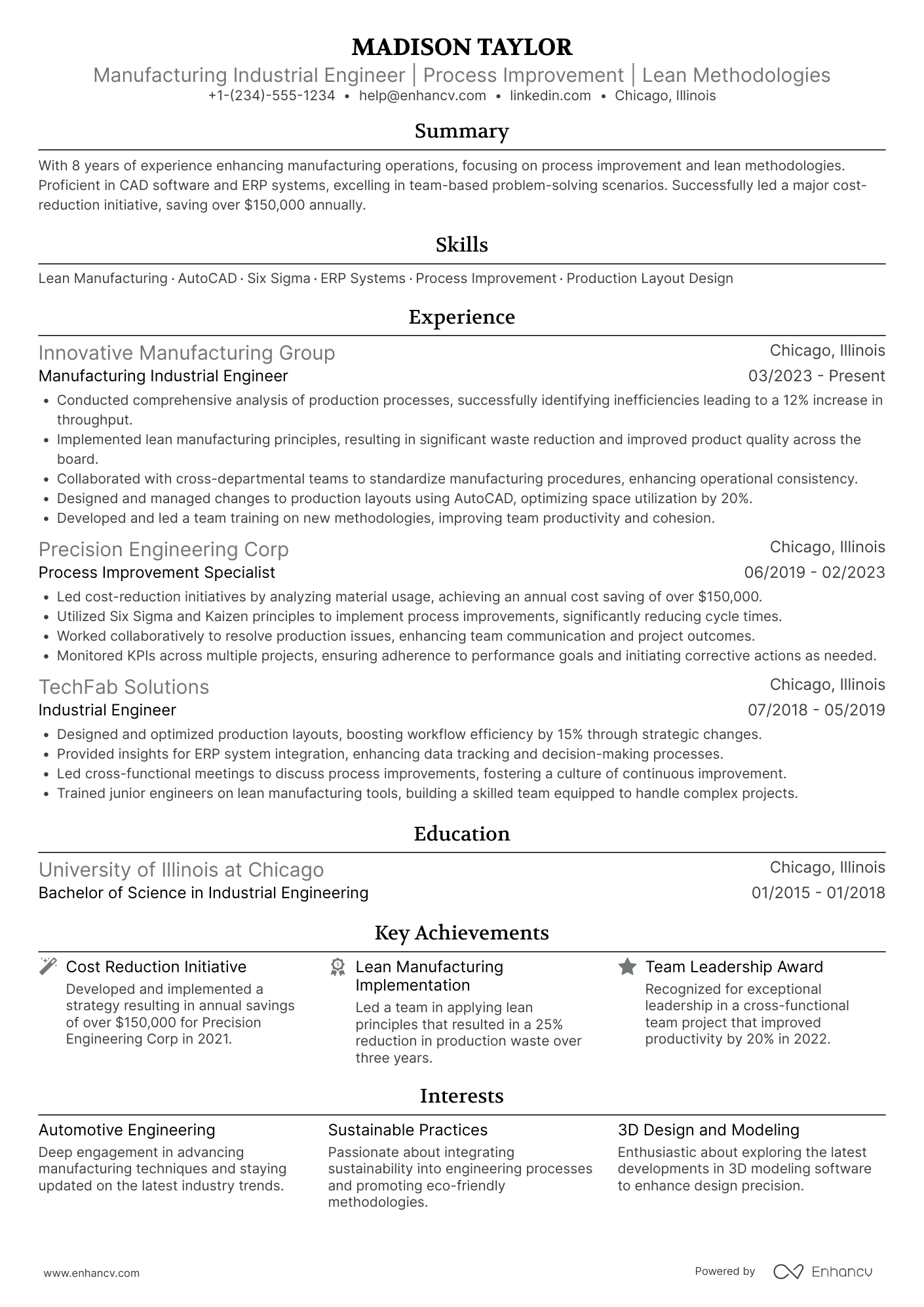Manufacturing Industrial Engineer Resume Example