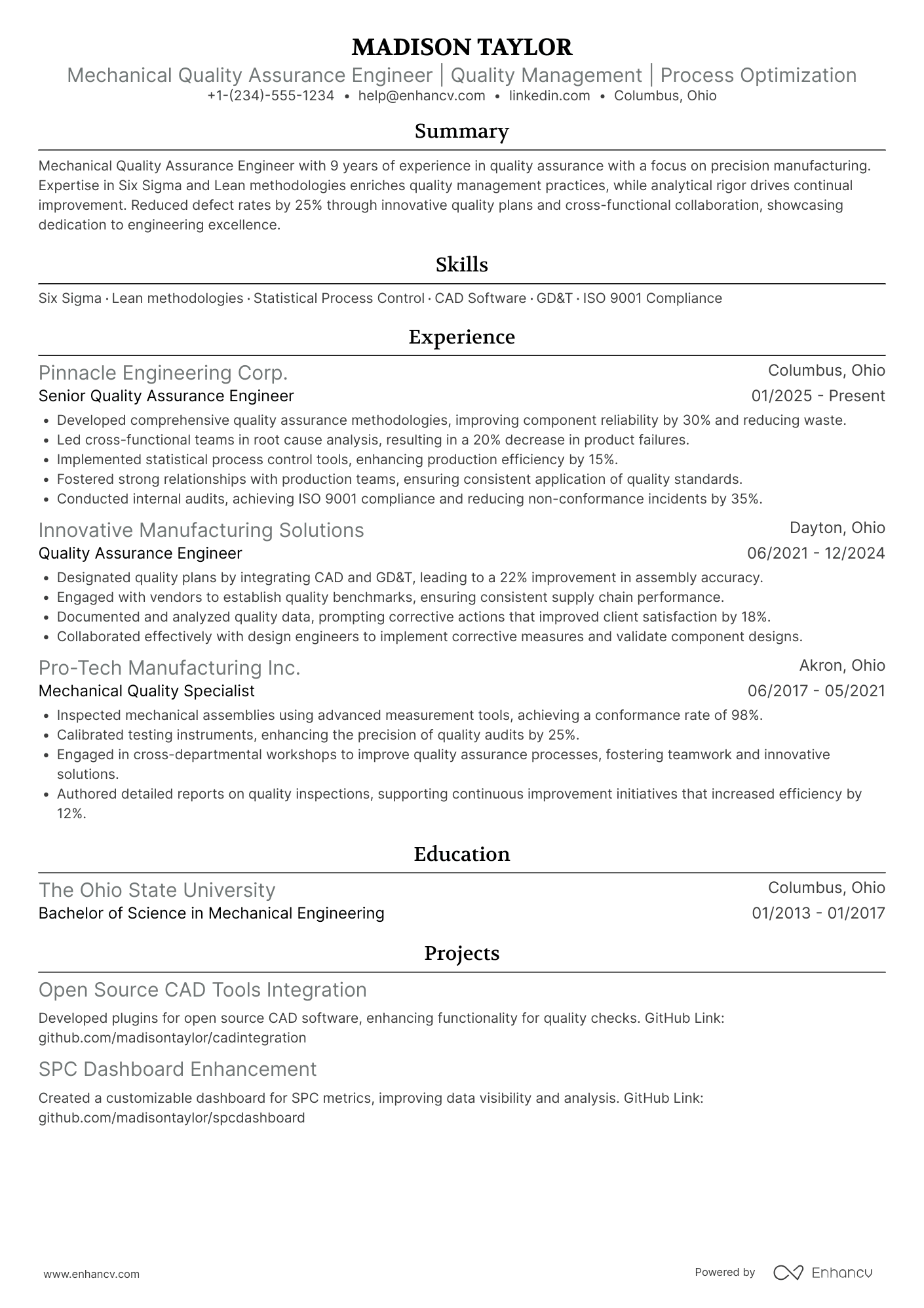 Mechanical Quality Assurance Engineer Resume Example