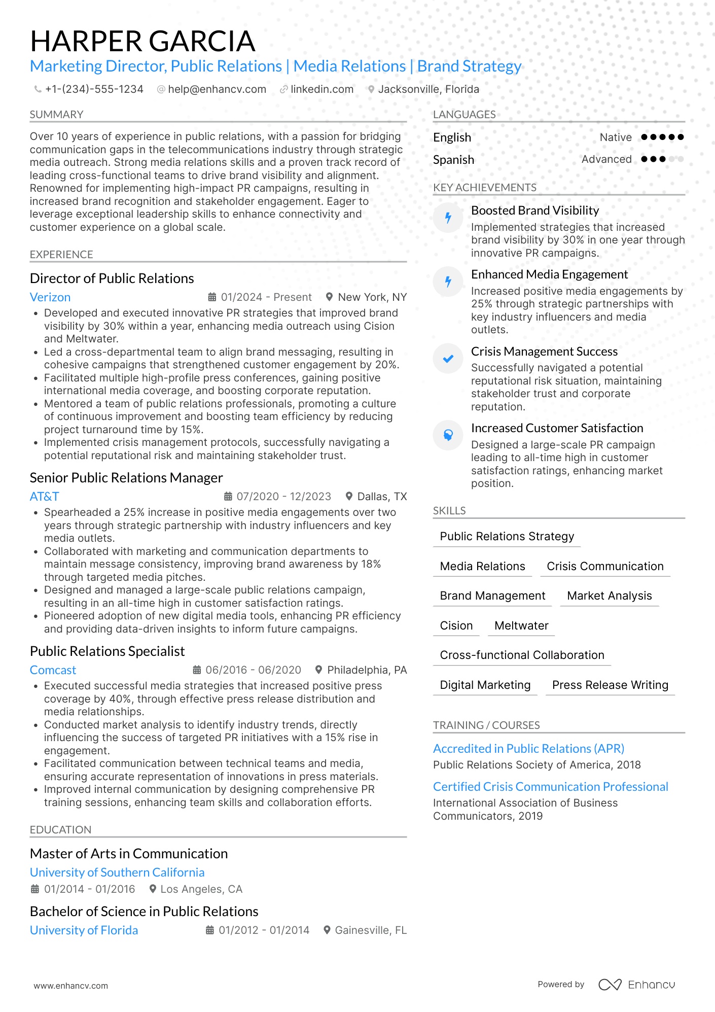 Marketing Director, Public Relations Resume Example