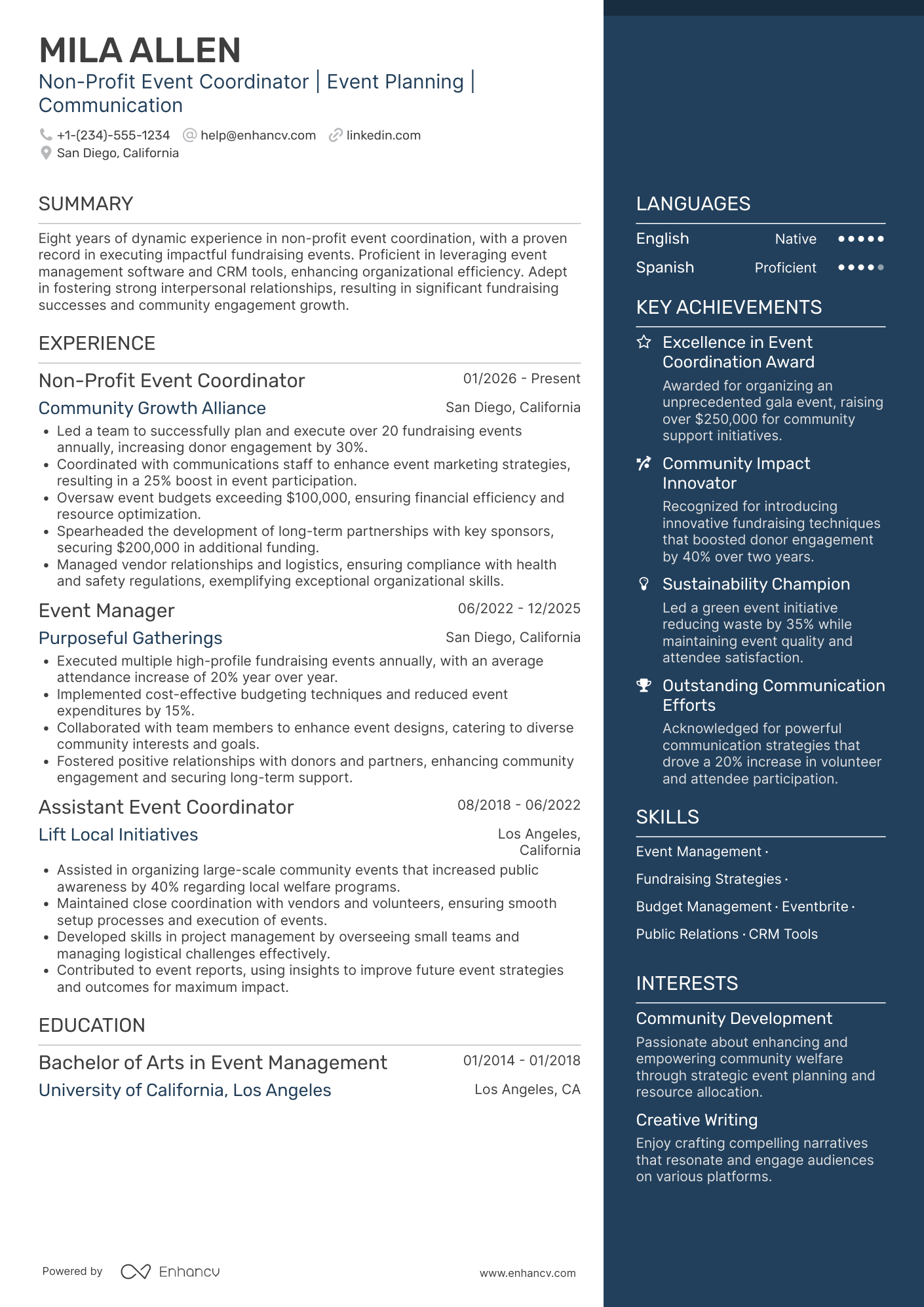 Non Profit Event Coordinator Resume Example