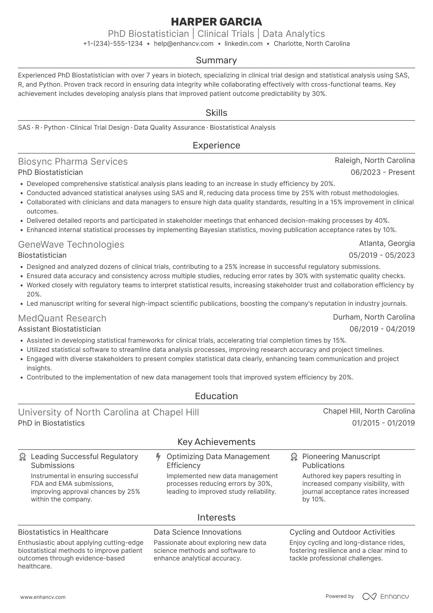 PhD Biostatistician Resume Example
