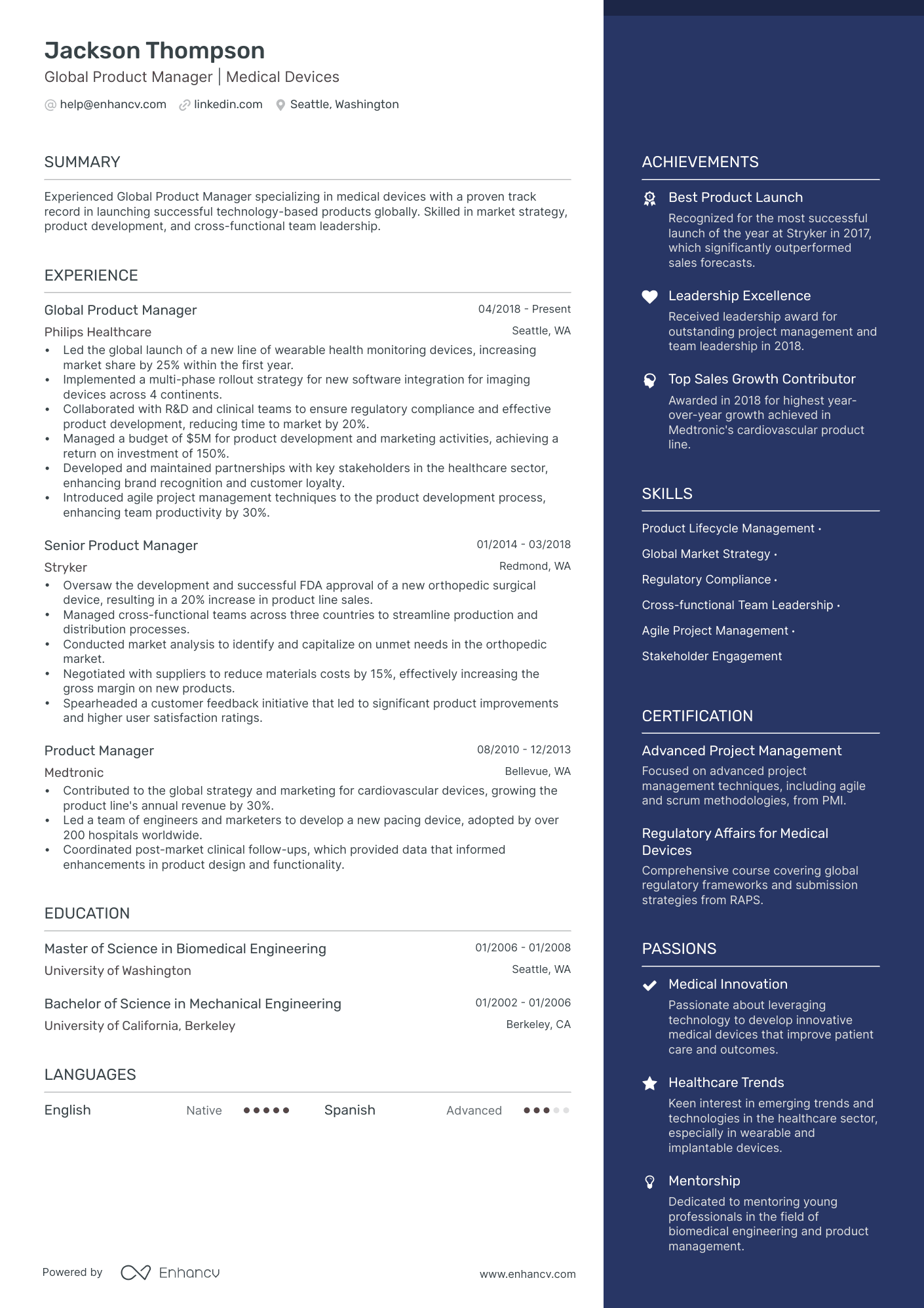 Global Product Manager Resume Example