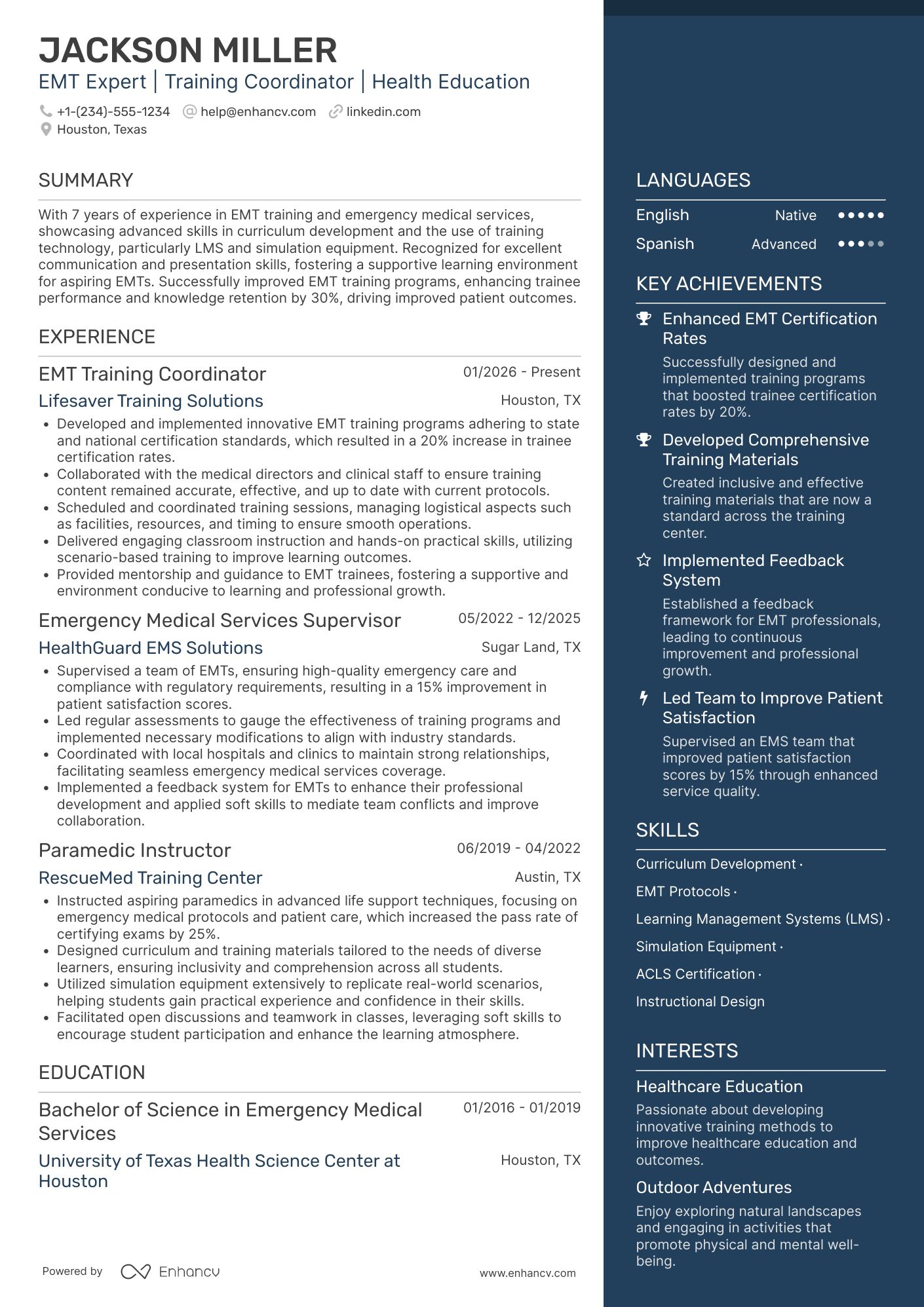 EMT Training Coordinator Resume Example