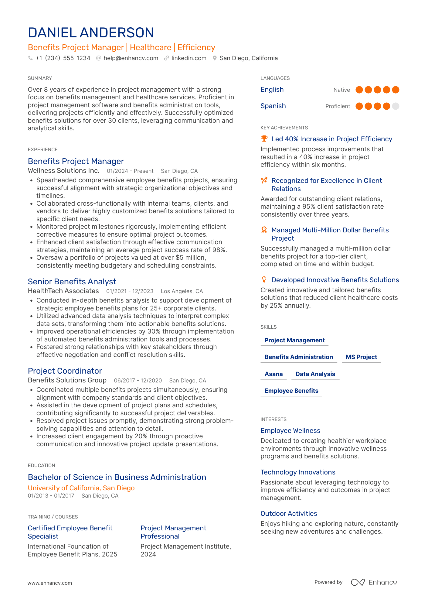 Benefits Project Manager Resume Example