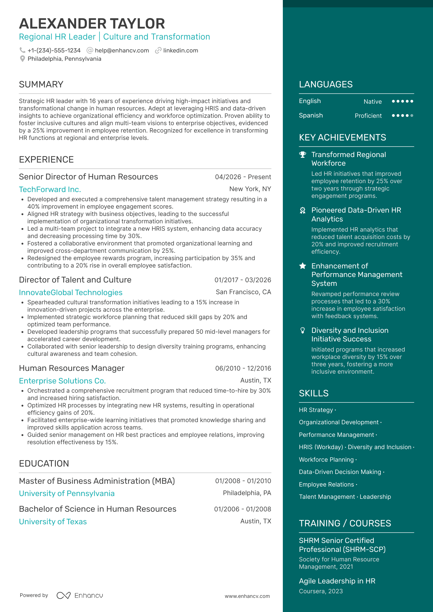 Regional Chief Human Resources Officer Resume Example