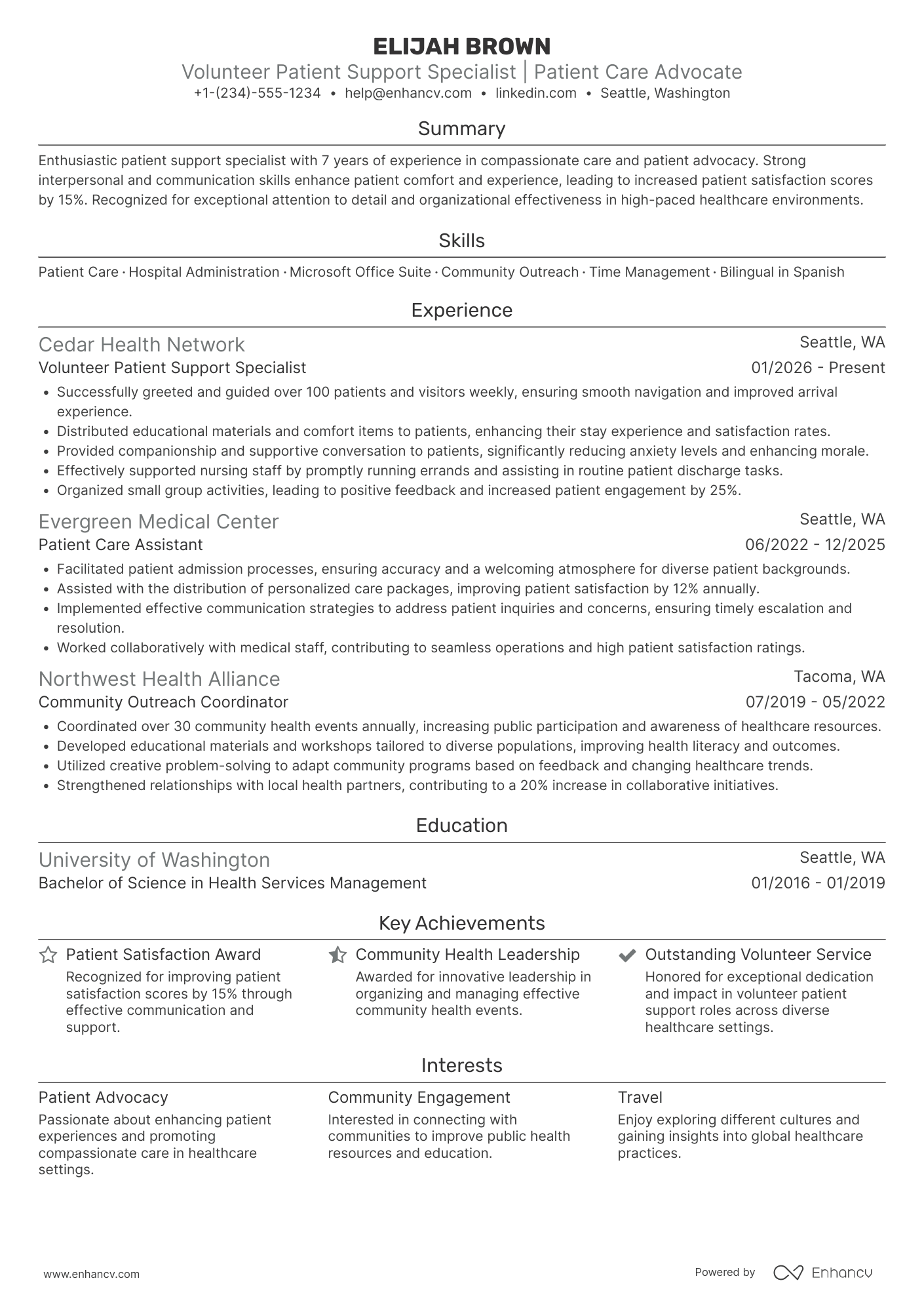 Hospital Volunteer Patient Support Resume Example