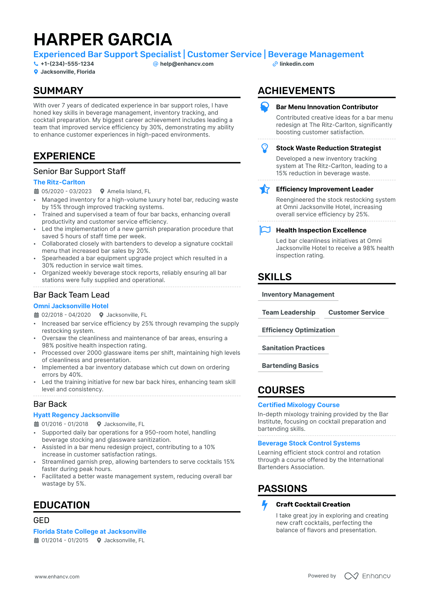Barback Resume Example