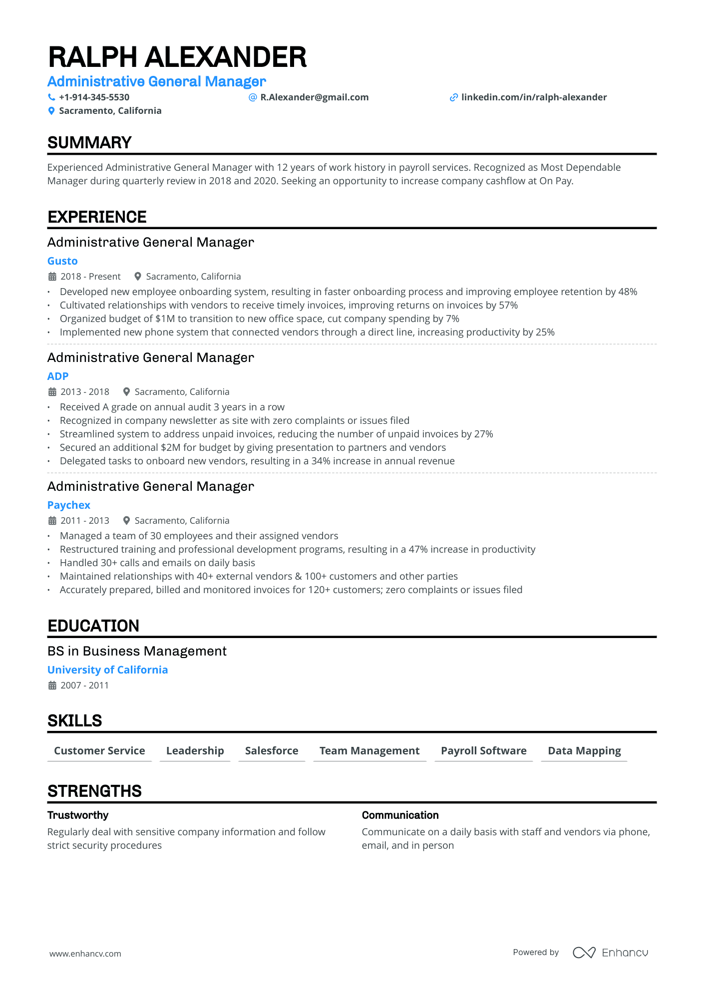 Adiminstrative General Manager Resume Example