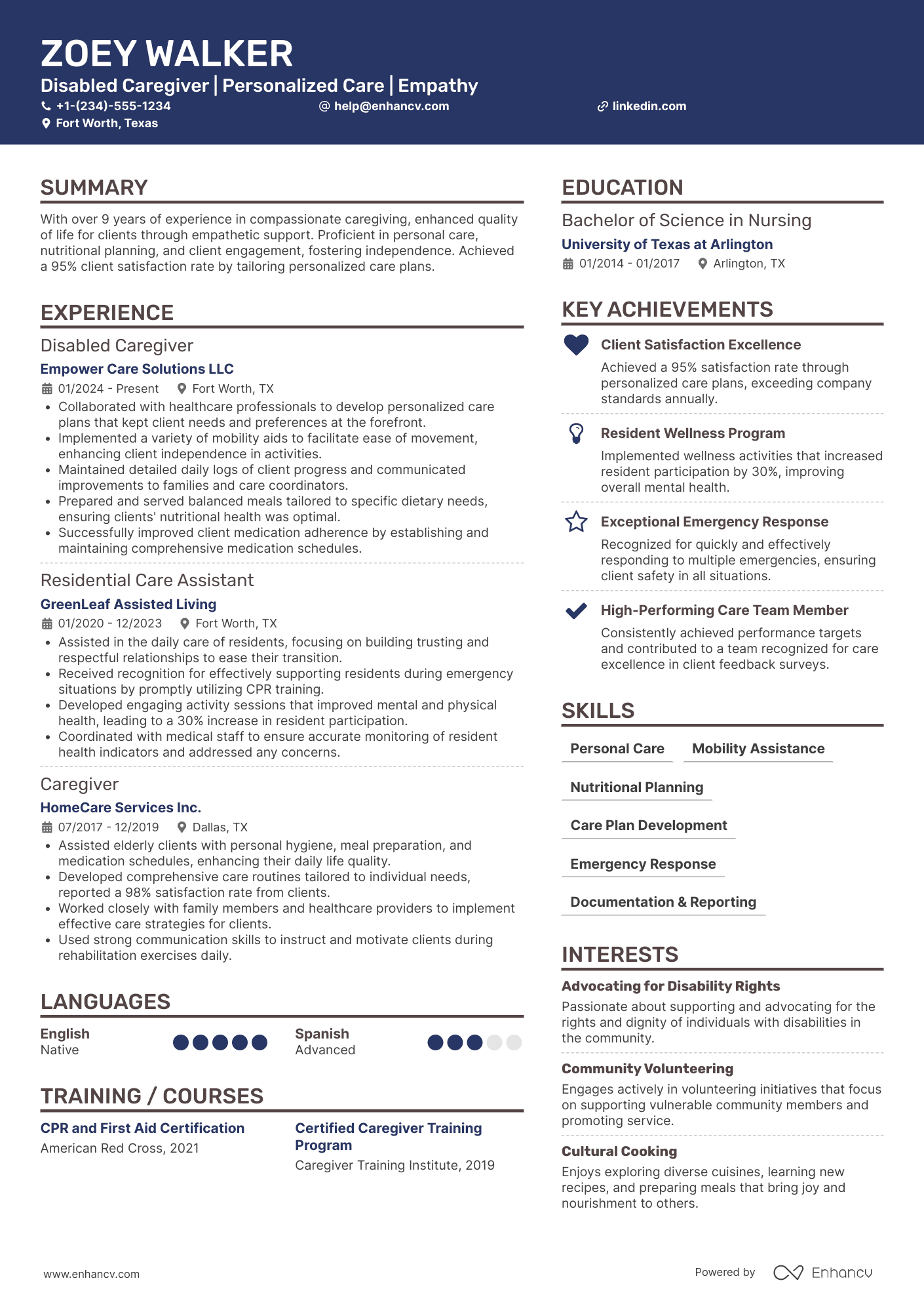 Disabled Caregiver Resume Example