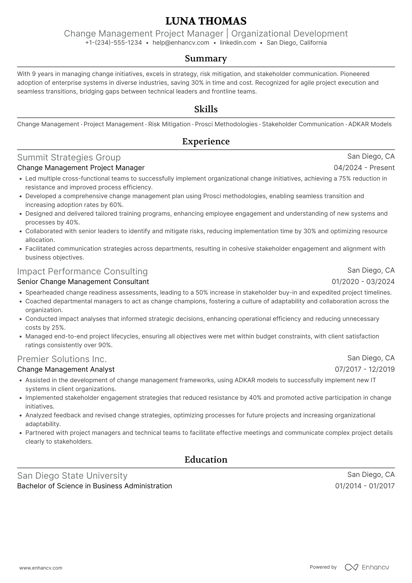 Change Management Project Manager Resume Example