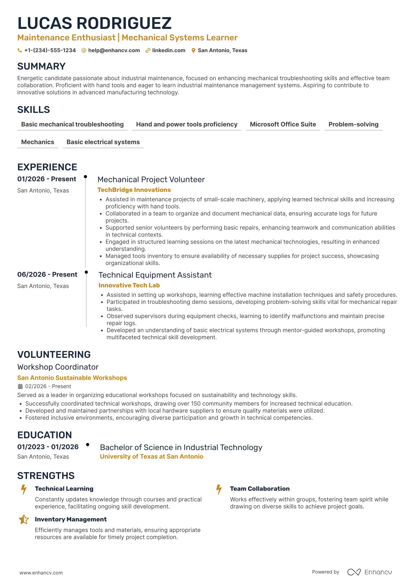 Maintenance Technician Apprentice Resume Example