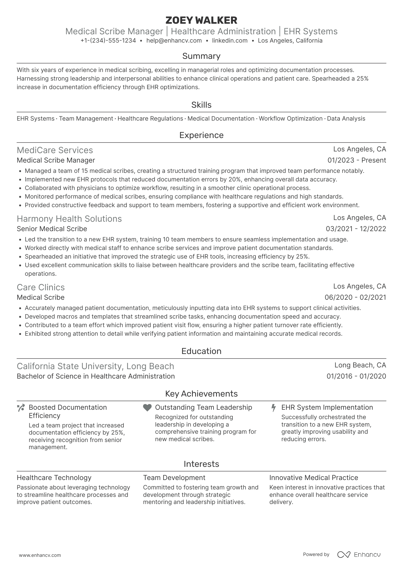 Medical Scribe Manager Resume Example