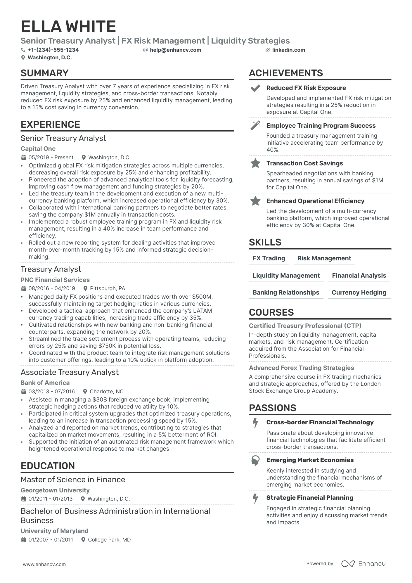 Treasury Manager Resume Example
