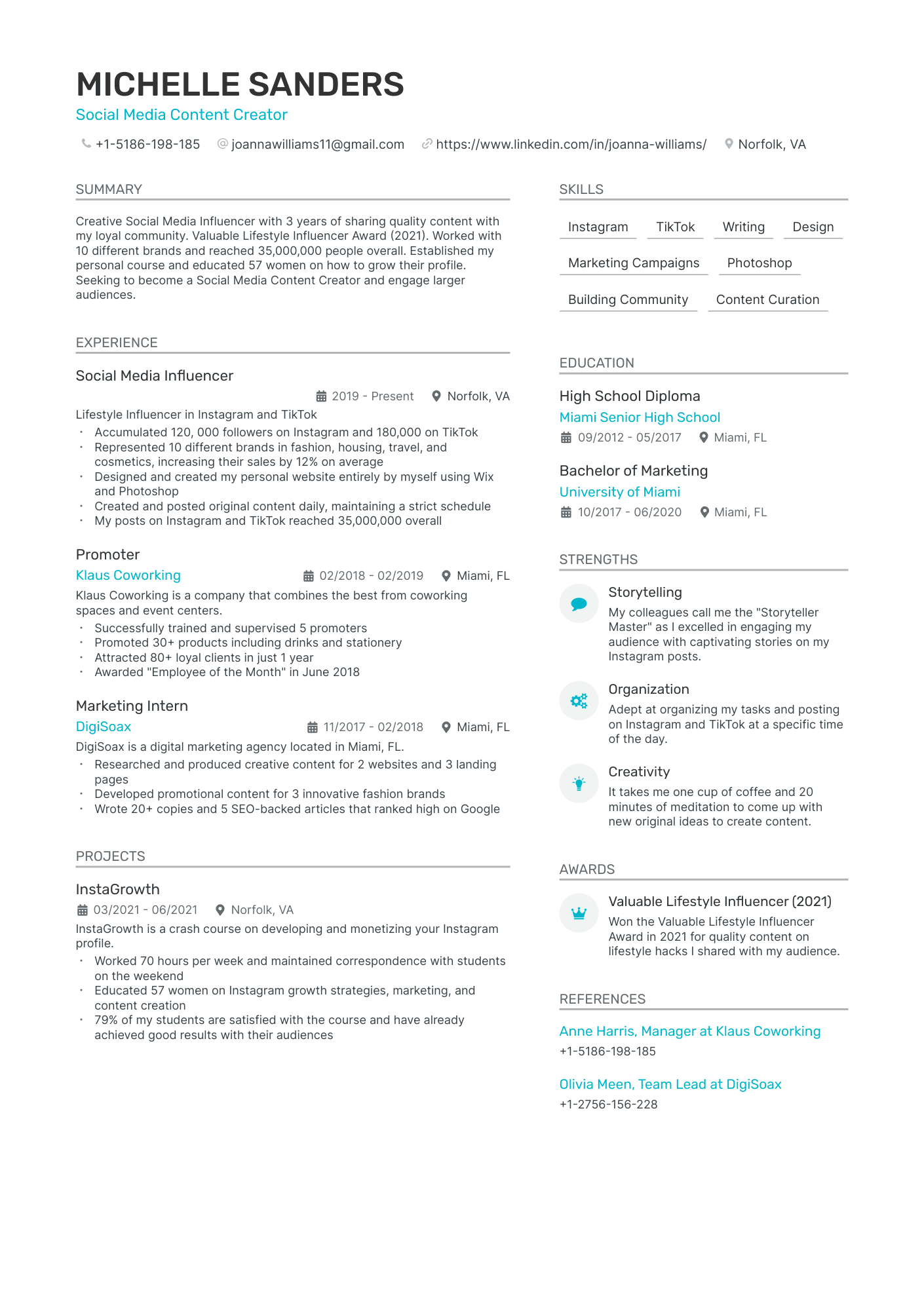 Social Media Influencer Resume Example