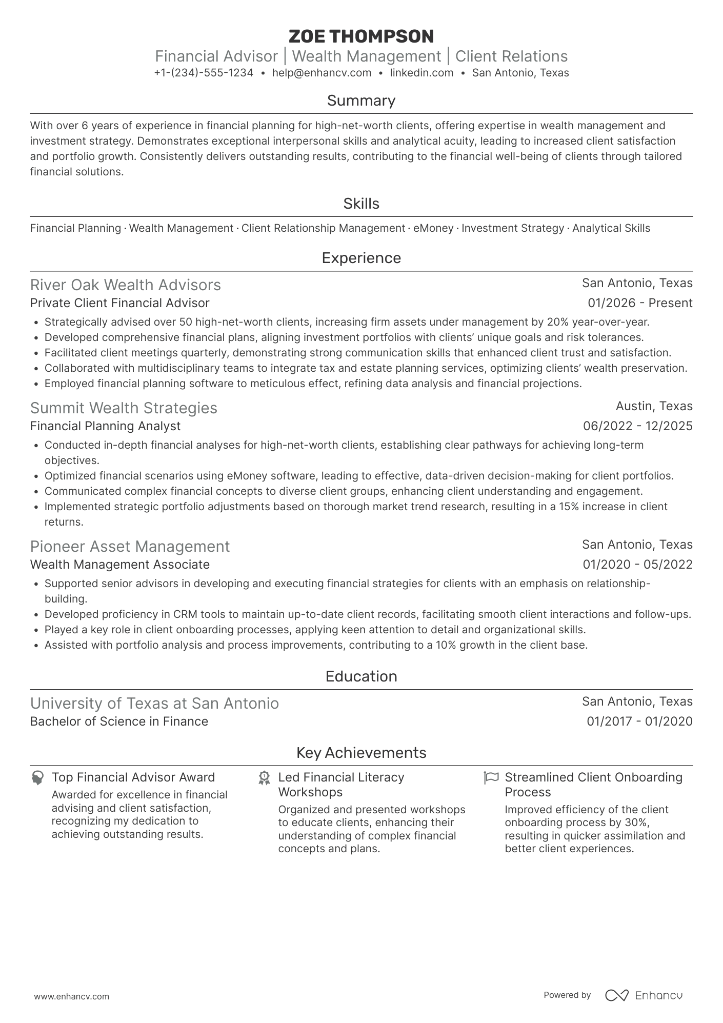 Private Client Financial Advisor Resume Example