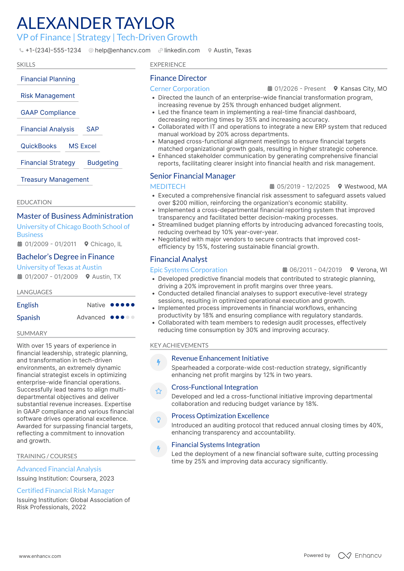 VP of Finance Resume Example