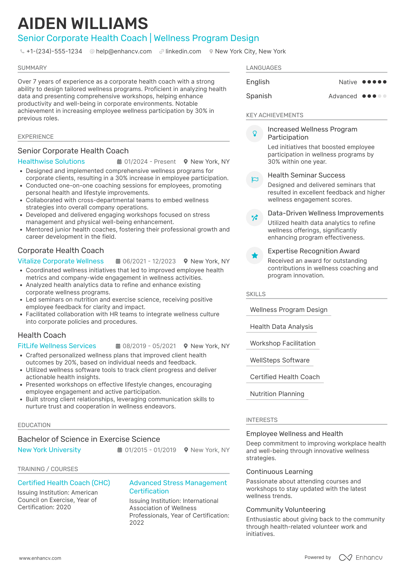 Senior Corporate Health Coach Resume Example