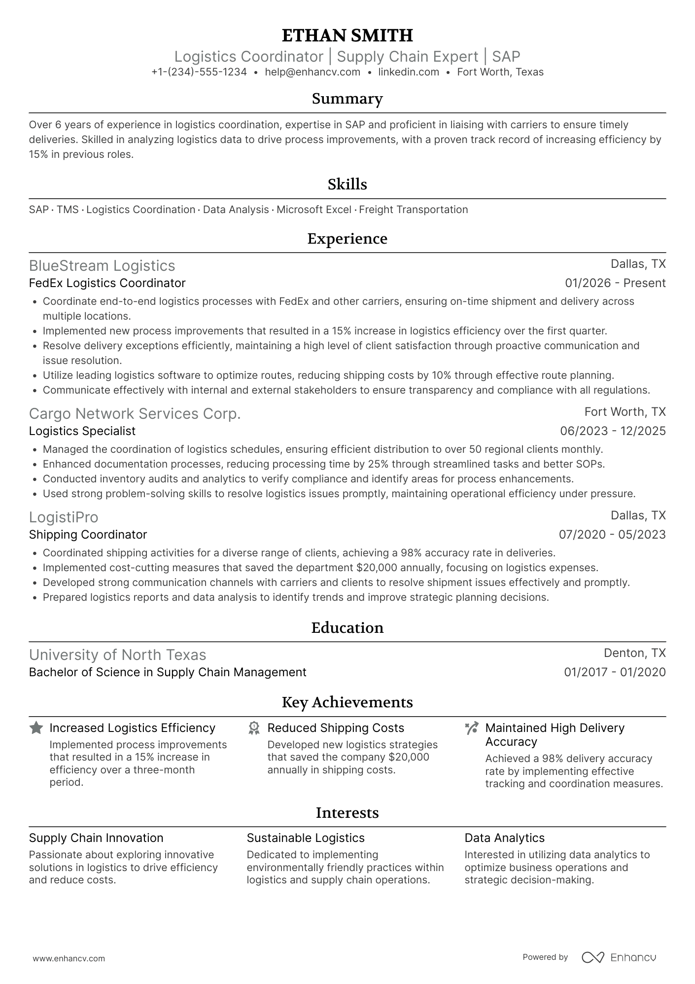 FedEx Logistics Coordinator Resume Example