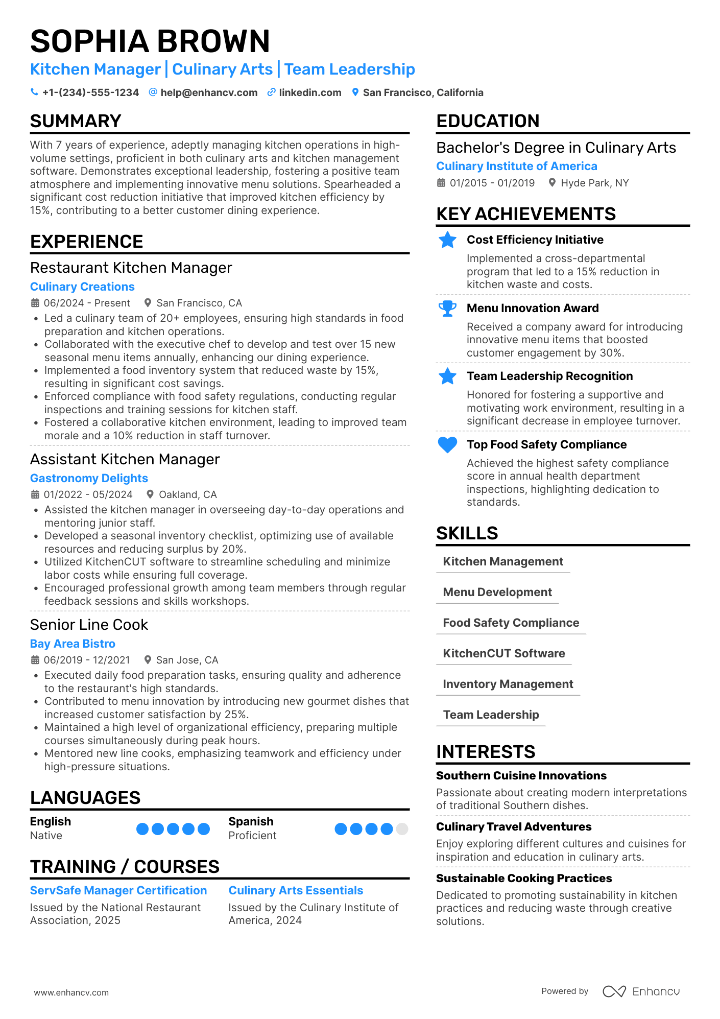 Restaurant Kitchen Manager Resume Example