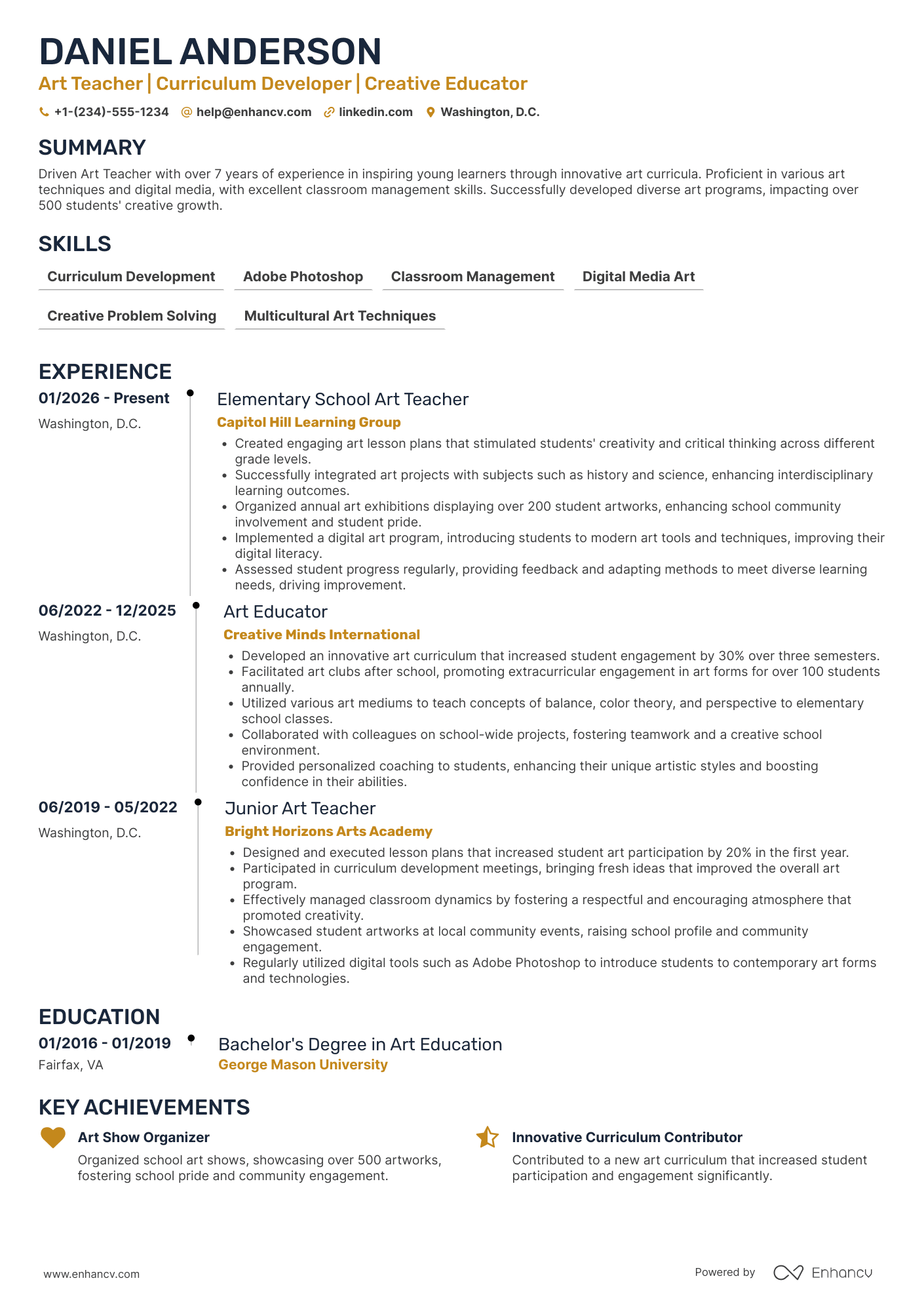Elementary School Art Teacher Resume Example
