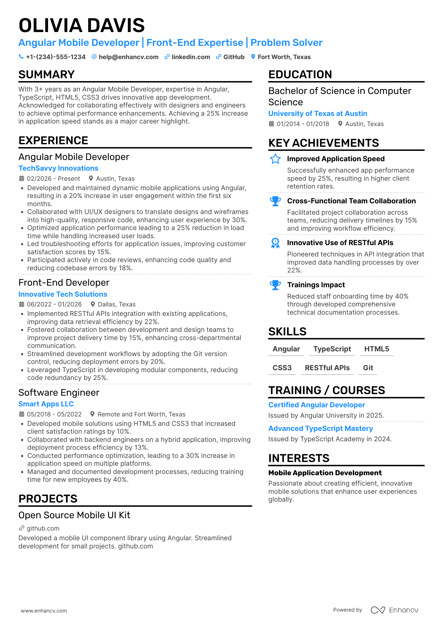 Angular Mobile Developer Resume Example
