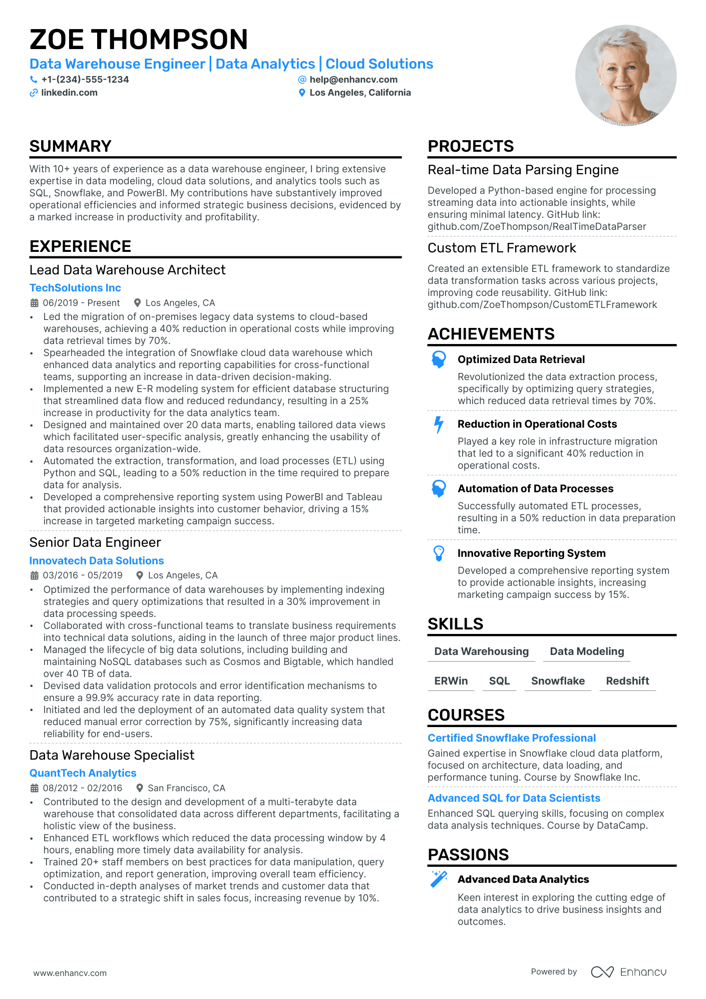Data Warehouse Engineer Resume Example