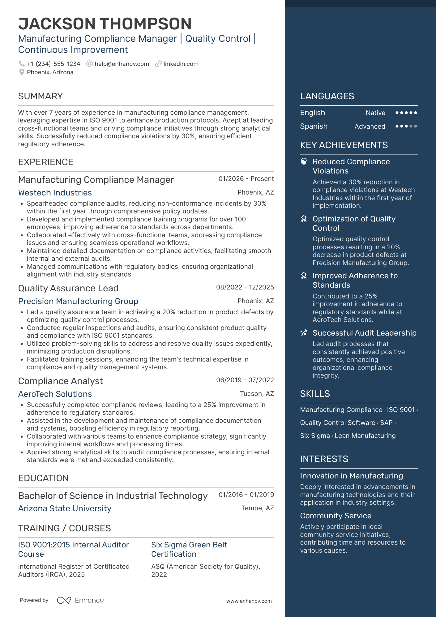 Manufacturing Compliance Manager Resume Example