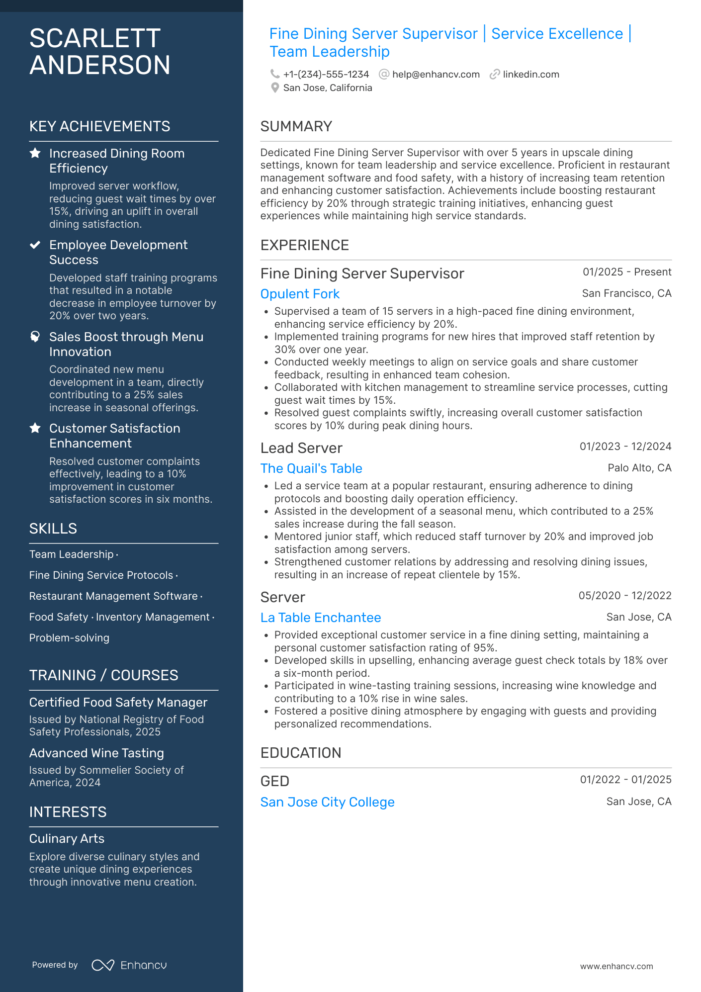 Fine Dining Server Supervisor Resume Example