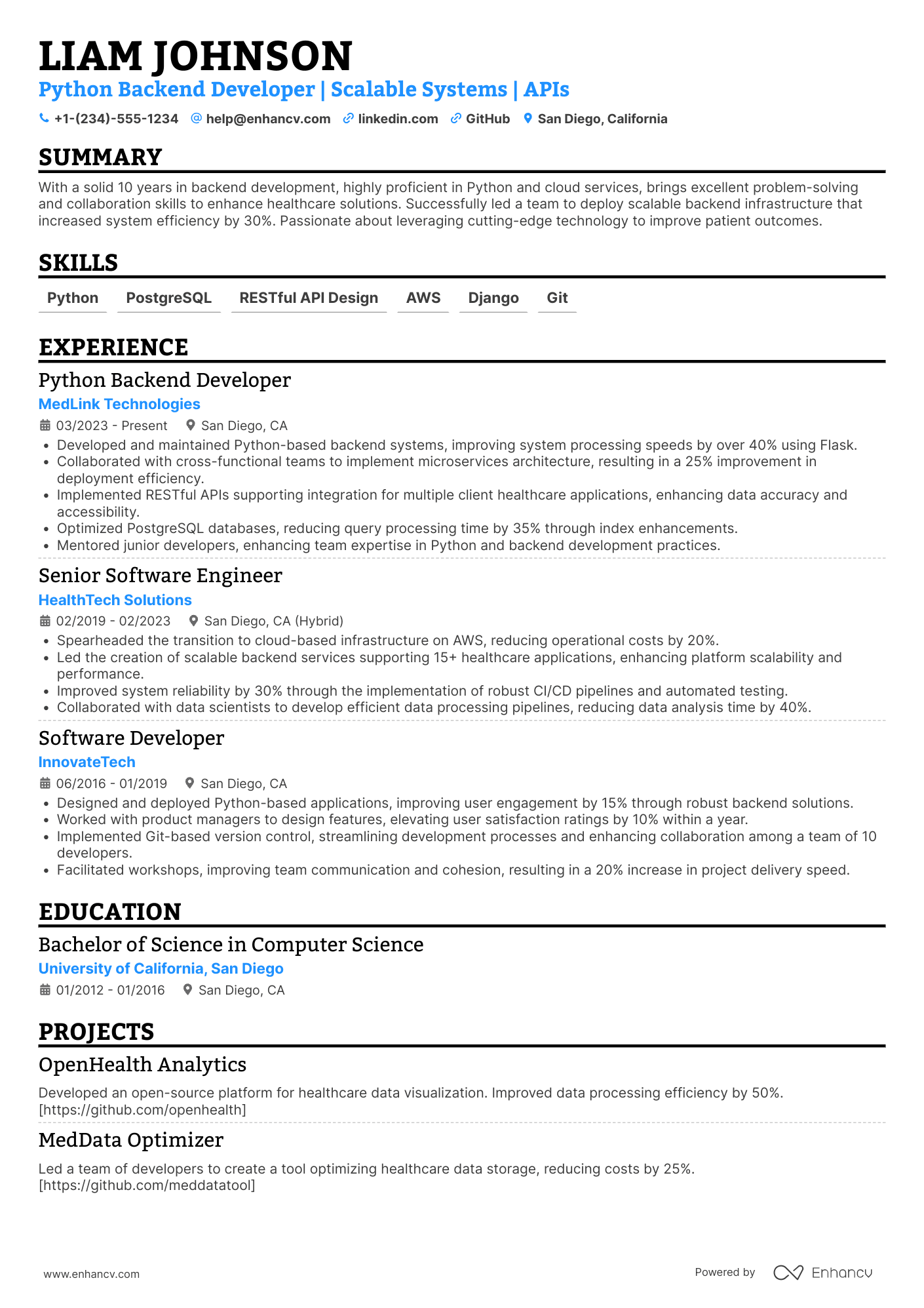 Python Backend Developer Resume Example