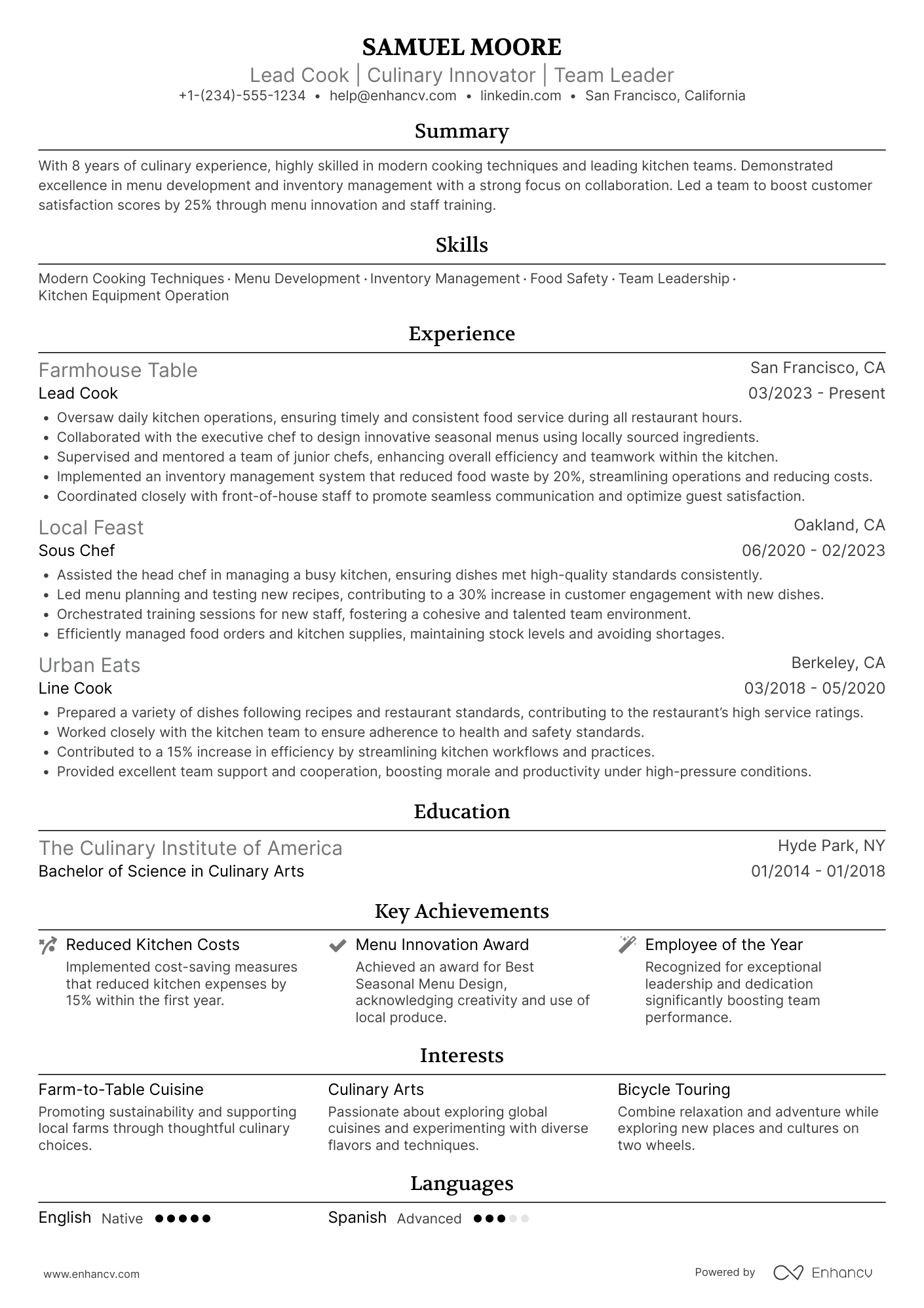 Lead Cook Resume Example