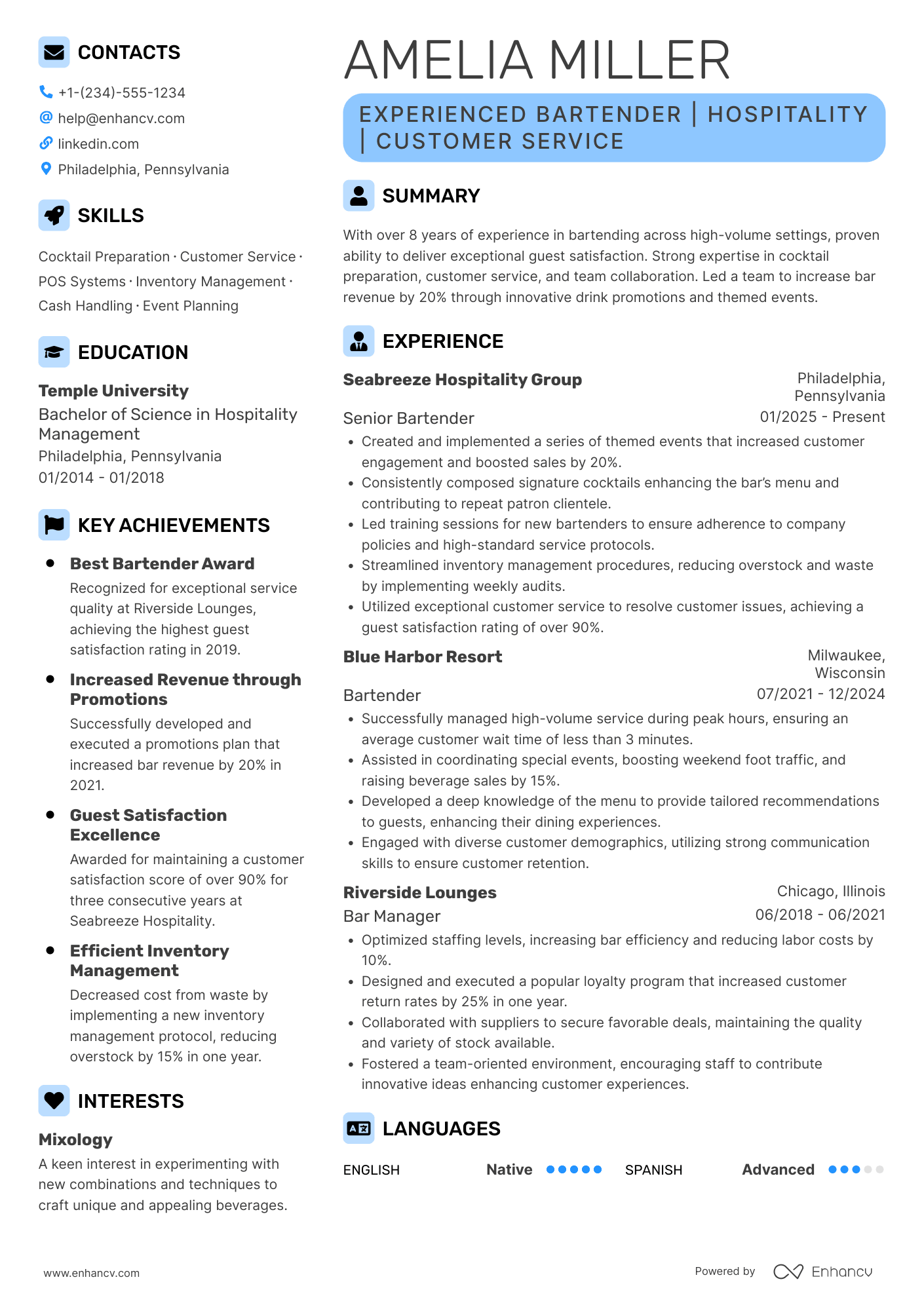 Cruise Ship Bartender Resume Example