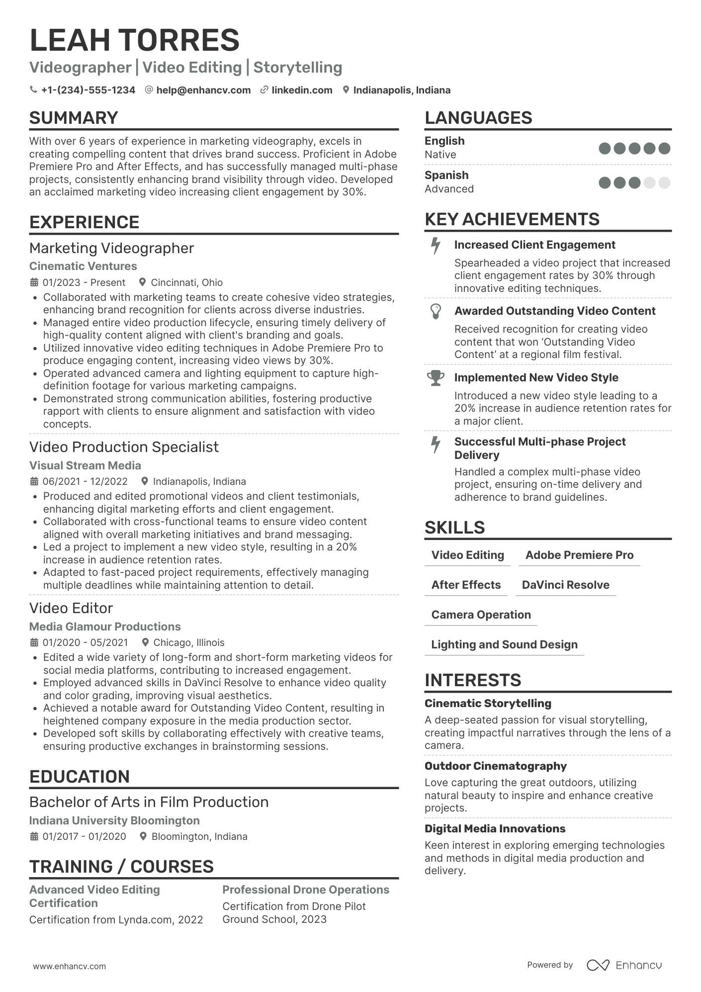 Marketing Videographer Resume Example