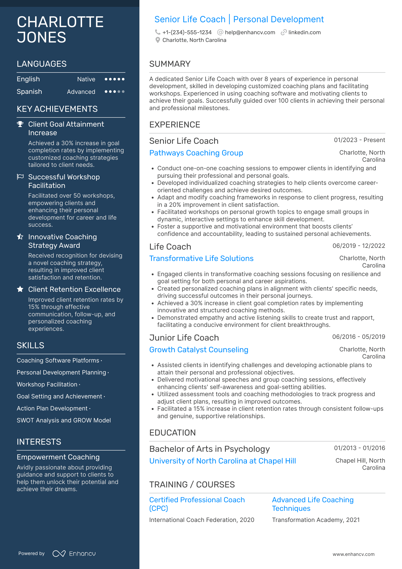 Senior Life Coach Resume Example