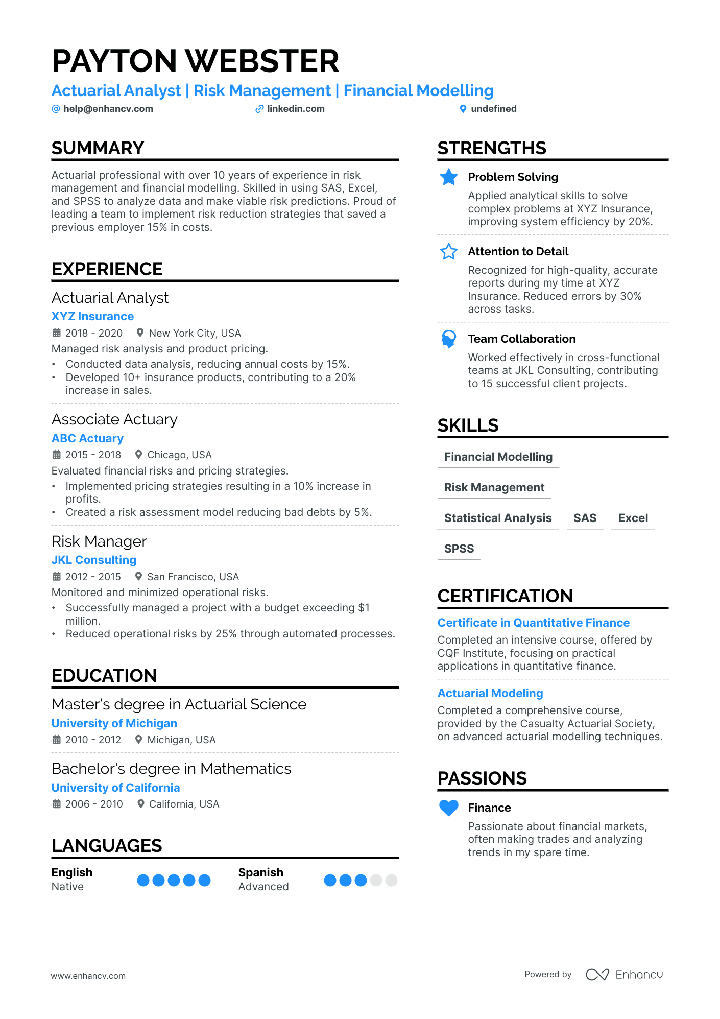 Actuary Internship Resume Example