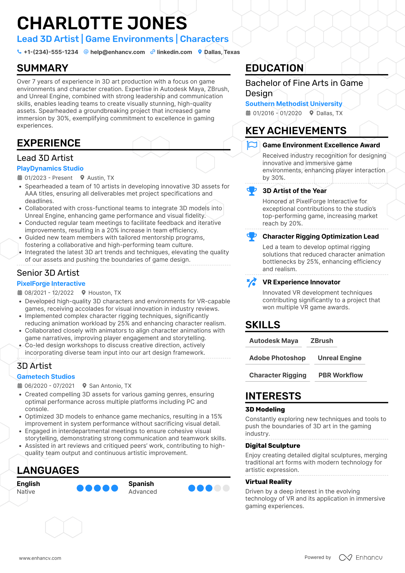 Lead 3D Artist Resume Example