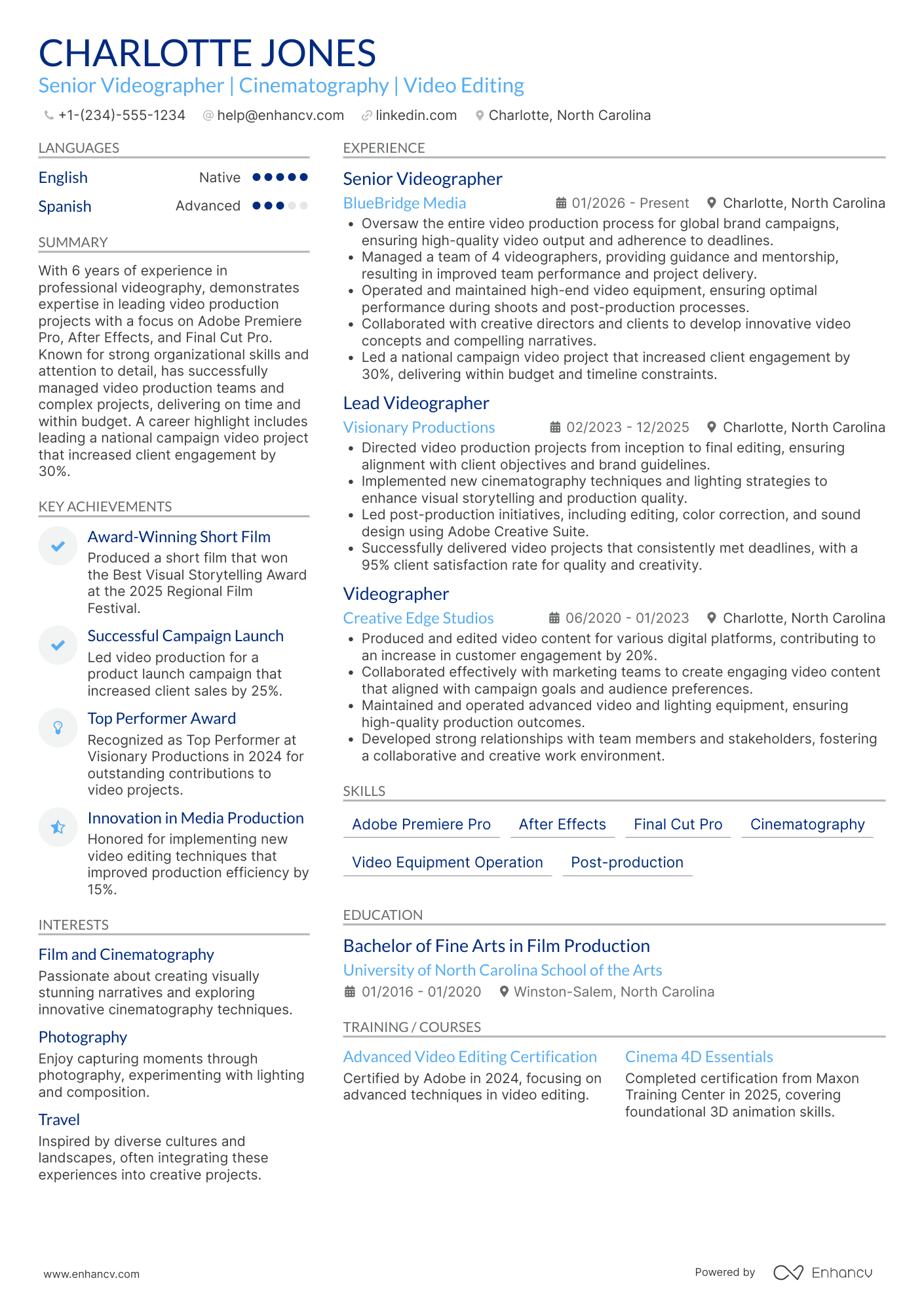 Senior Videographer Resume Example