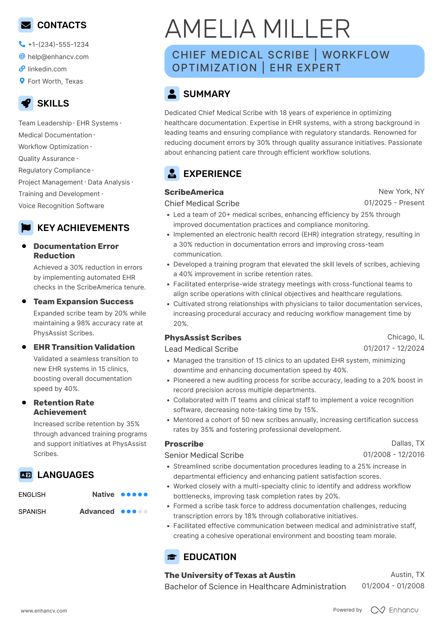 Chief Medical Scribe Resume Example