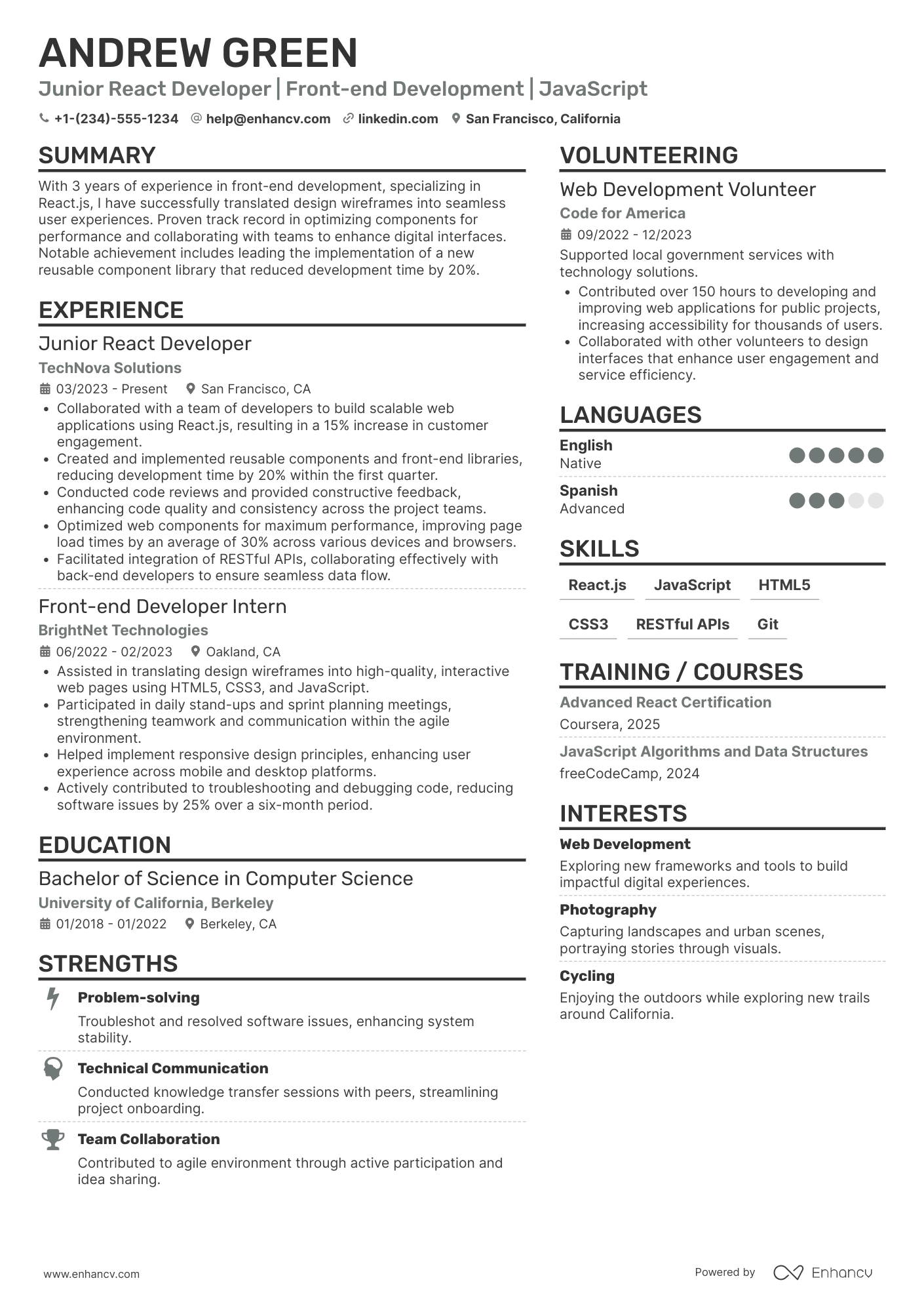 Junior React Developer Resume Example