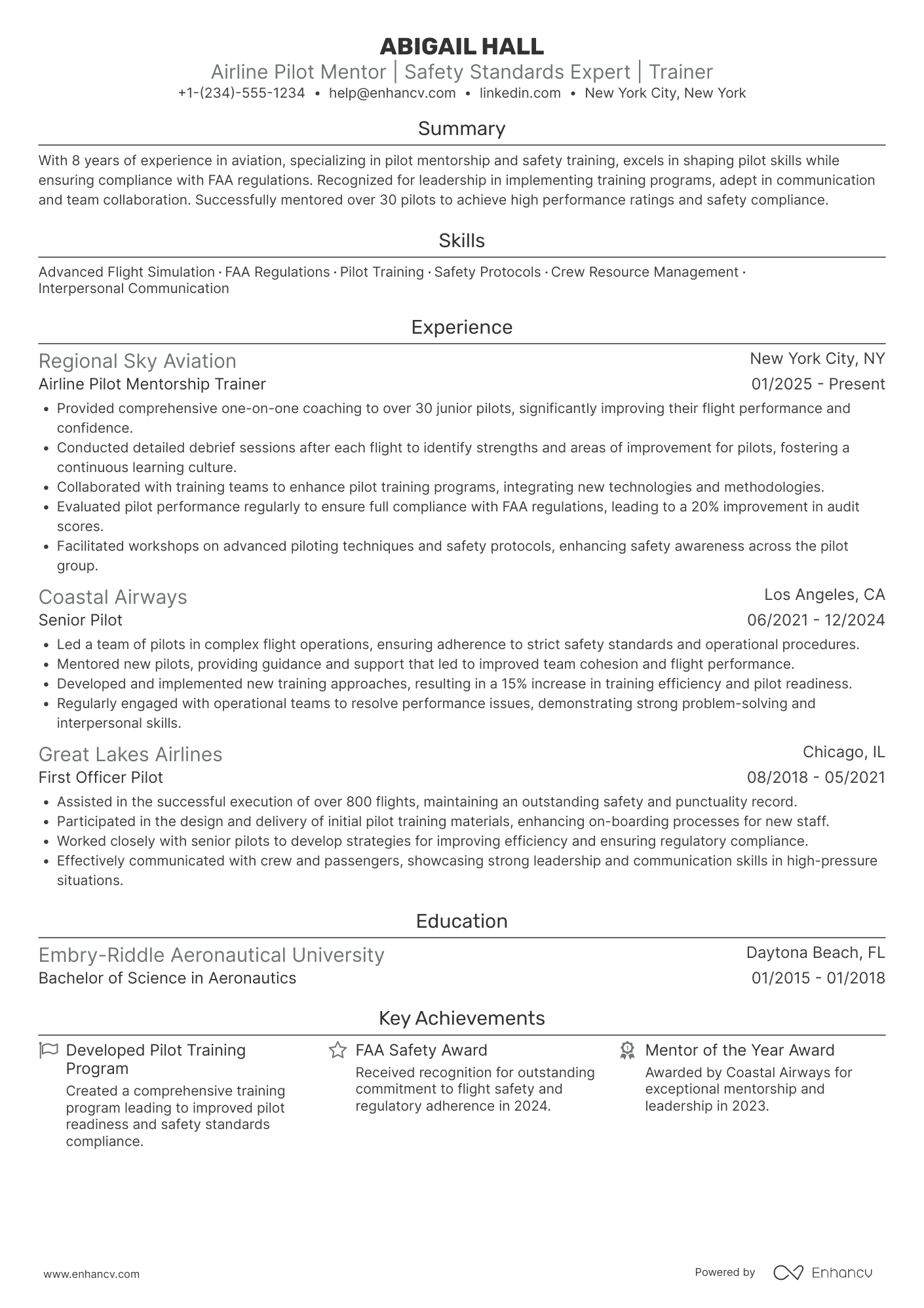 Airline Pilot Mentor Resume Example