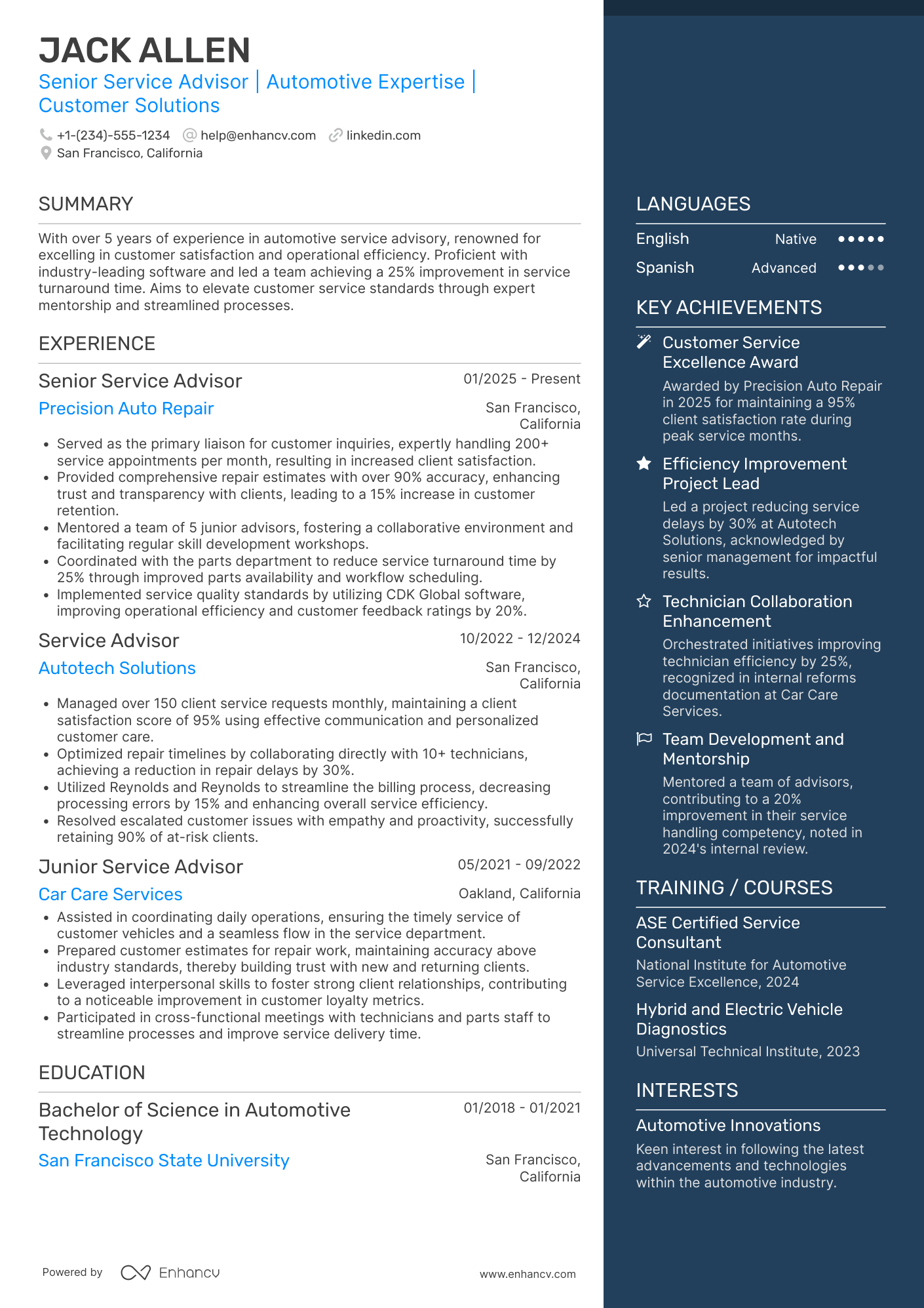Senior Service Advisor Resume Example