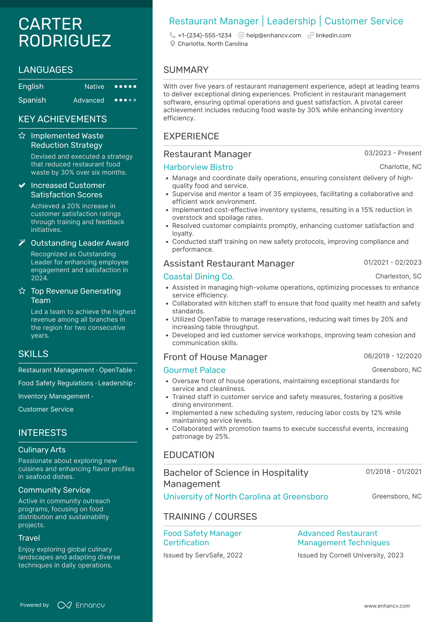 Day Shift Restaurant Manager Resume Example