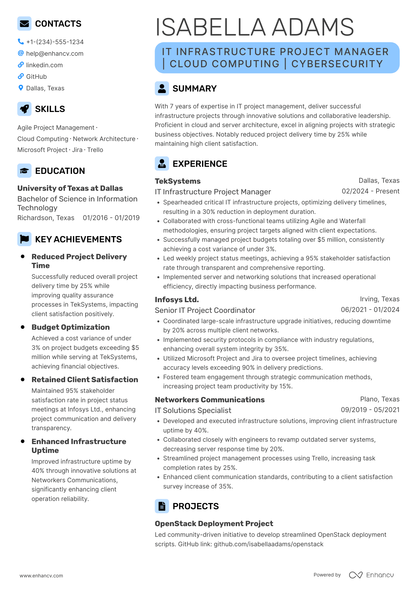 IT Infrastructure Project Manager Resume Example