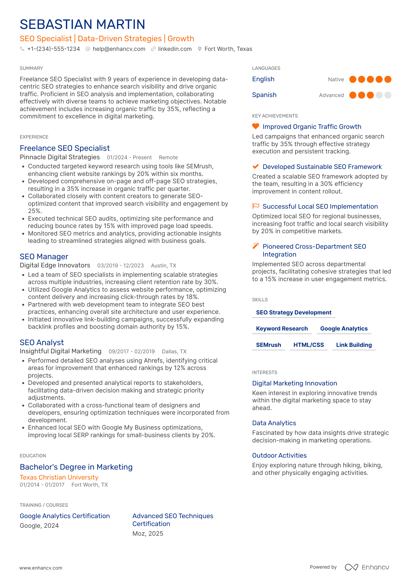 Freelance SEO Specialist Resume Example