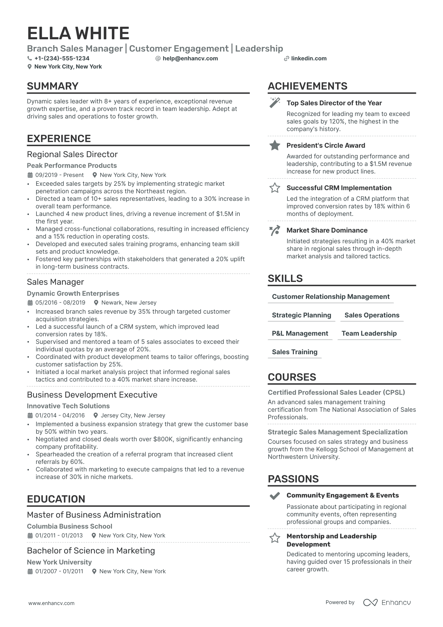 Branch Sales Manager Resume Example