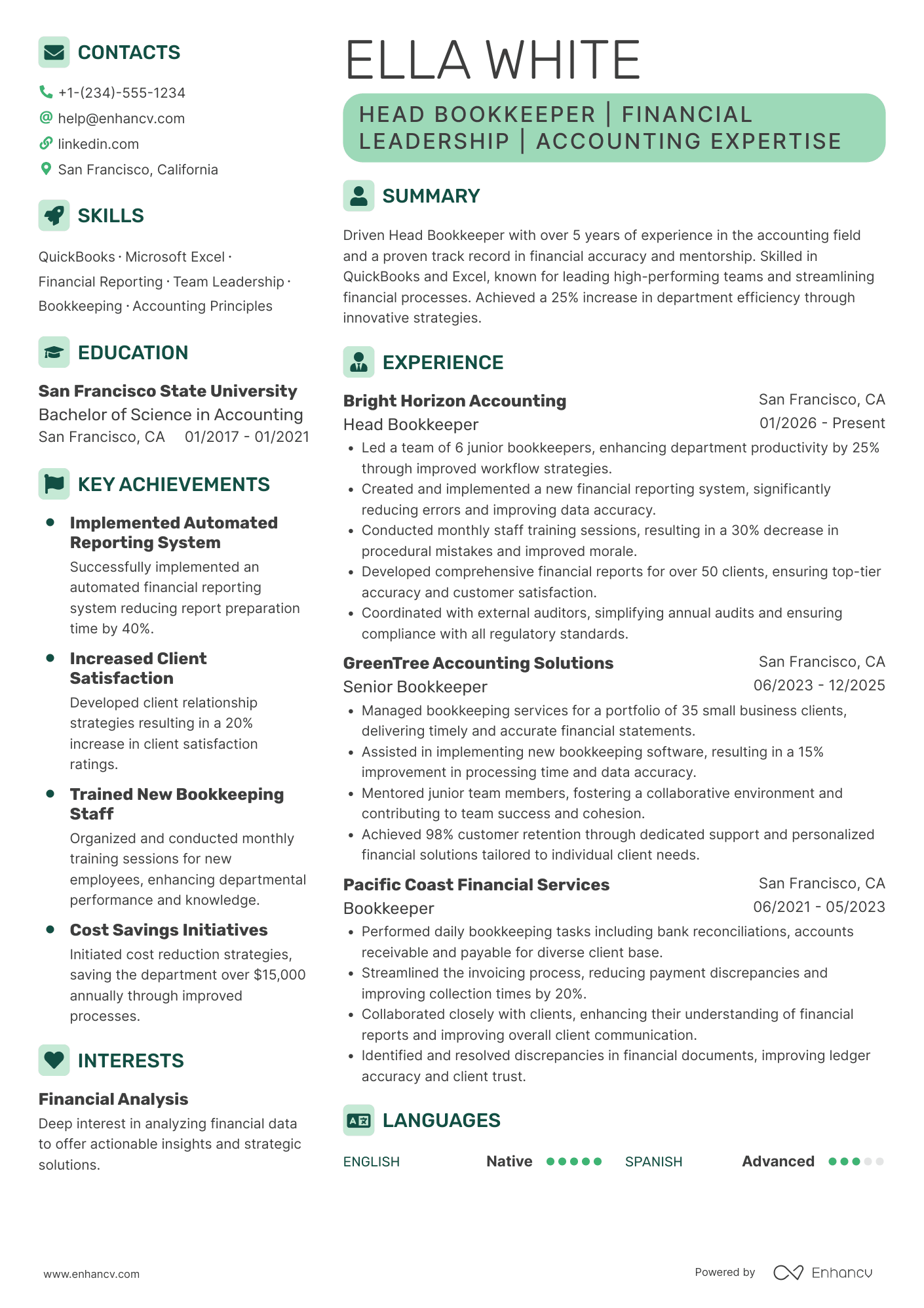 Head Bookkeeper Resume Example