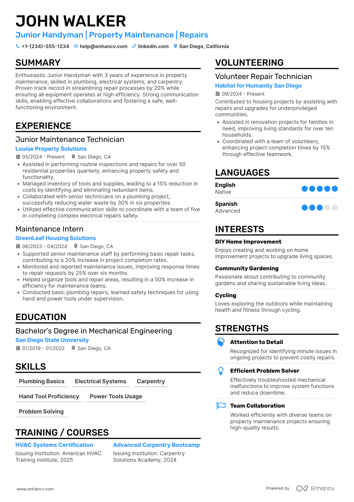Junior Handyman Resume Example