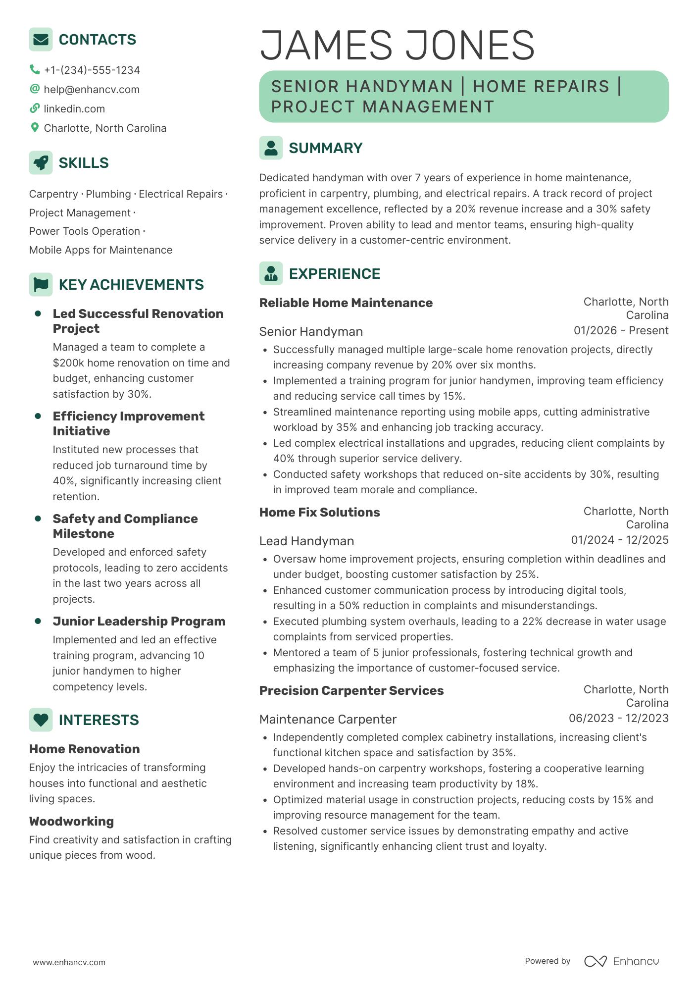 Senior Handyman Resume Example