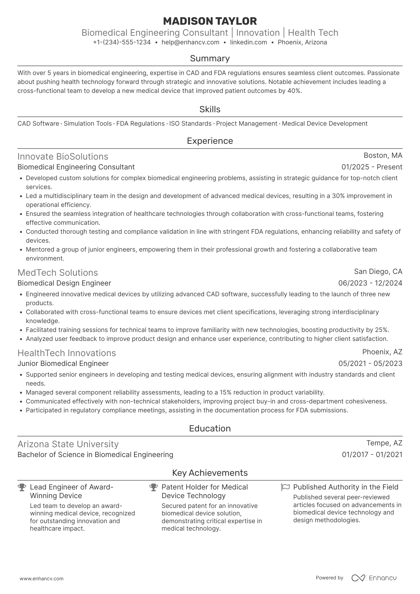 Biomedical Engineering Consultant Resume Example