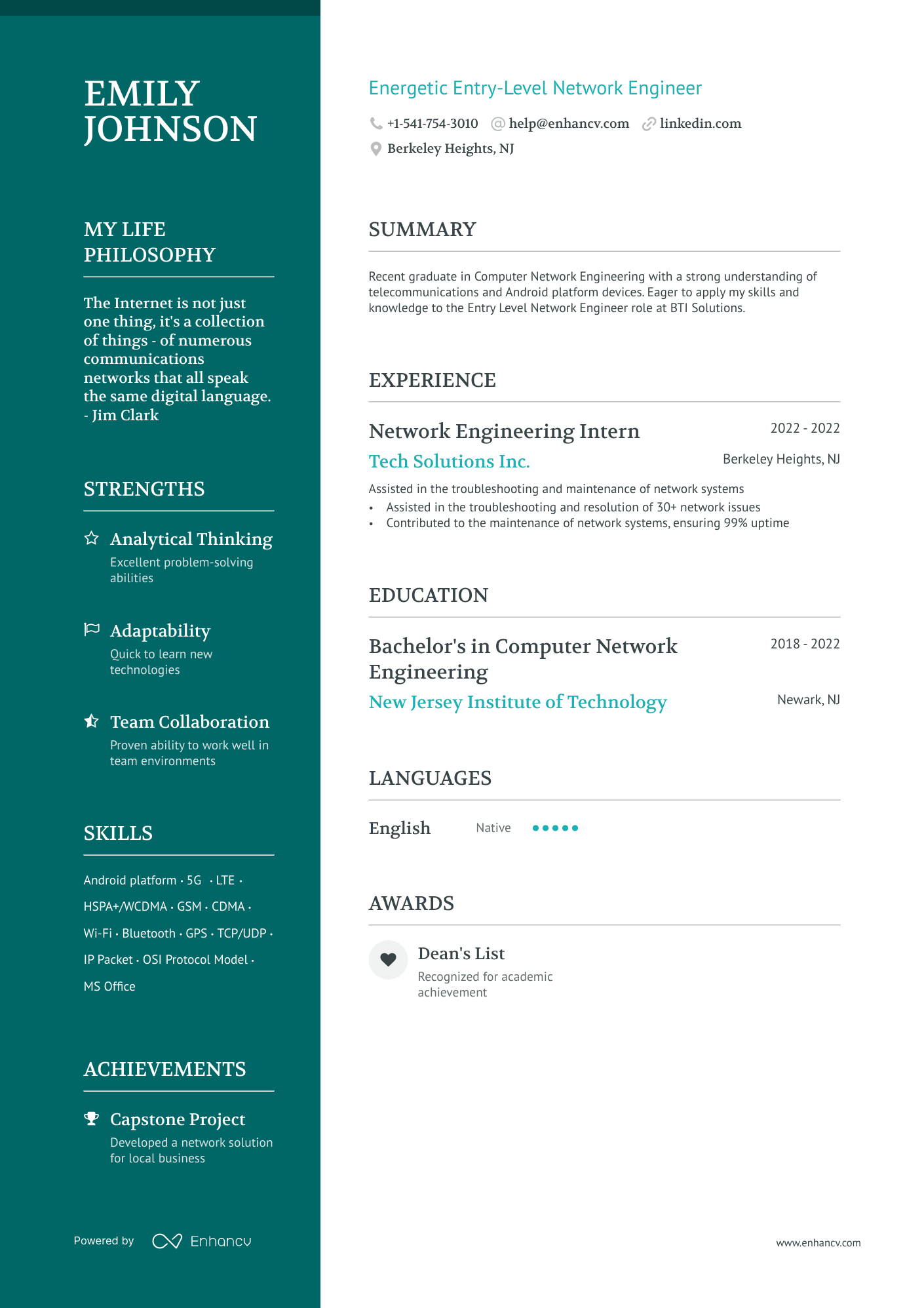 Entry Level Network Engineer Resume Example