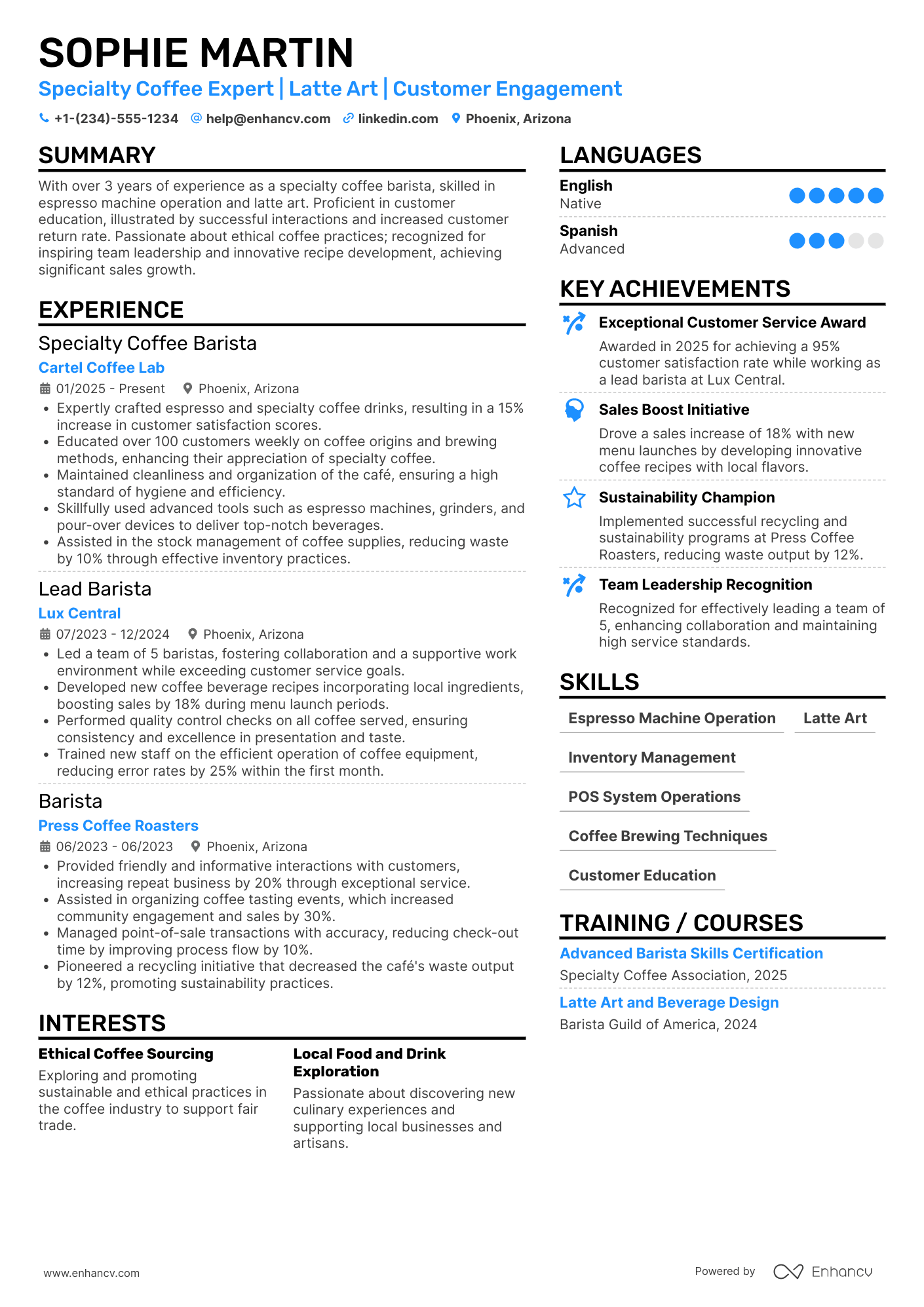 Specialty Coffee Barista Resume Example